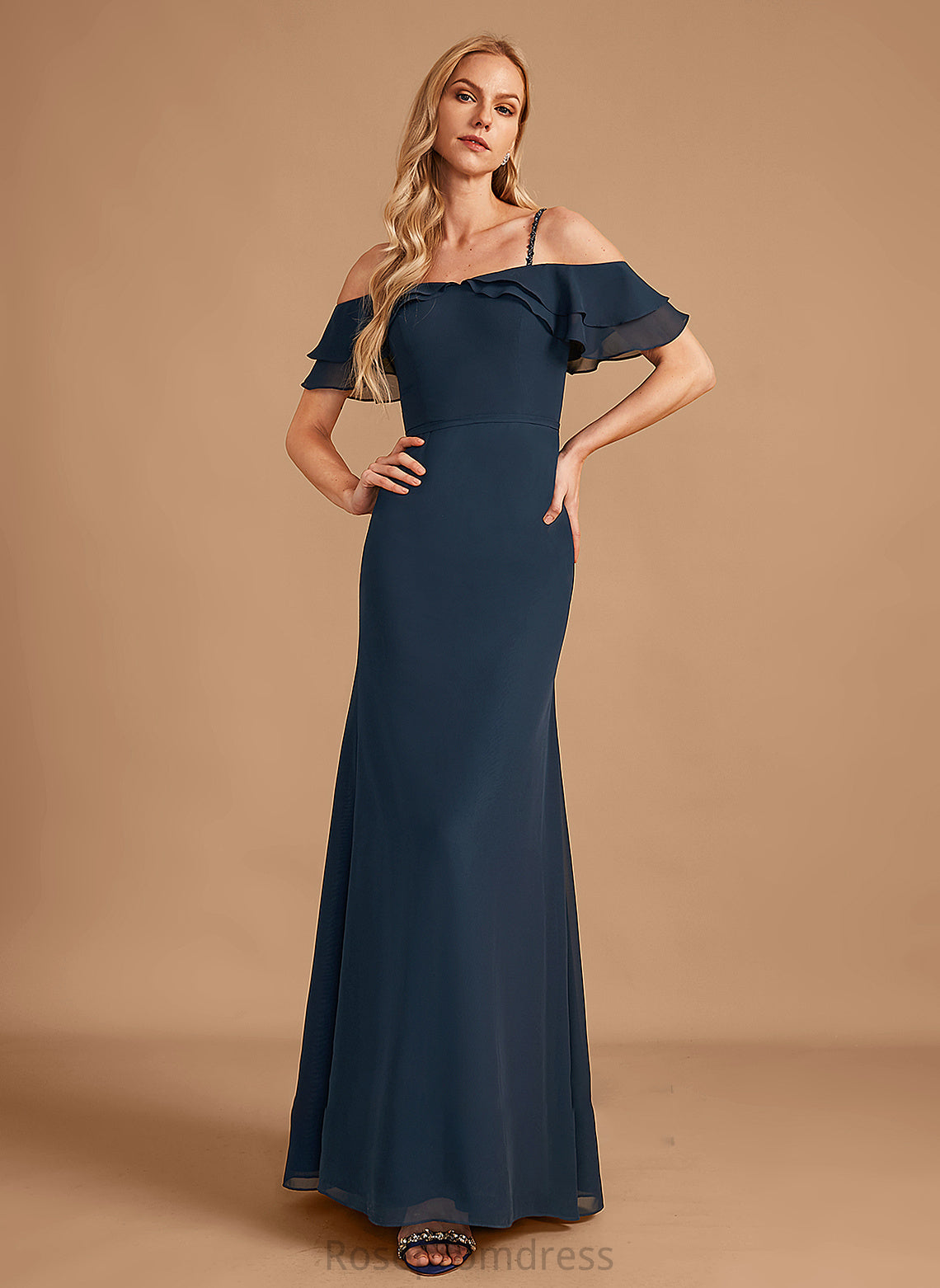Silhouette Embellishment Beading Length Fabric Off-the-Shoulder Ruffle Floor-Length Sheath/Column Neckline Janae Off The Shoulder Bridesmaid Dresses