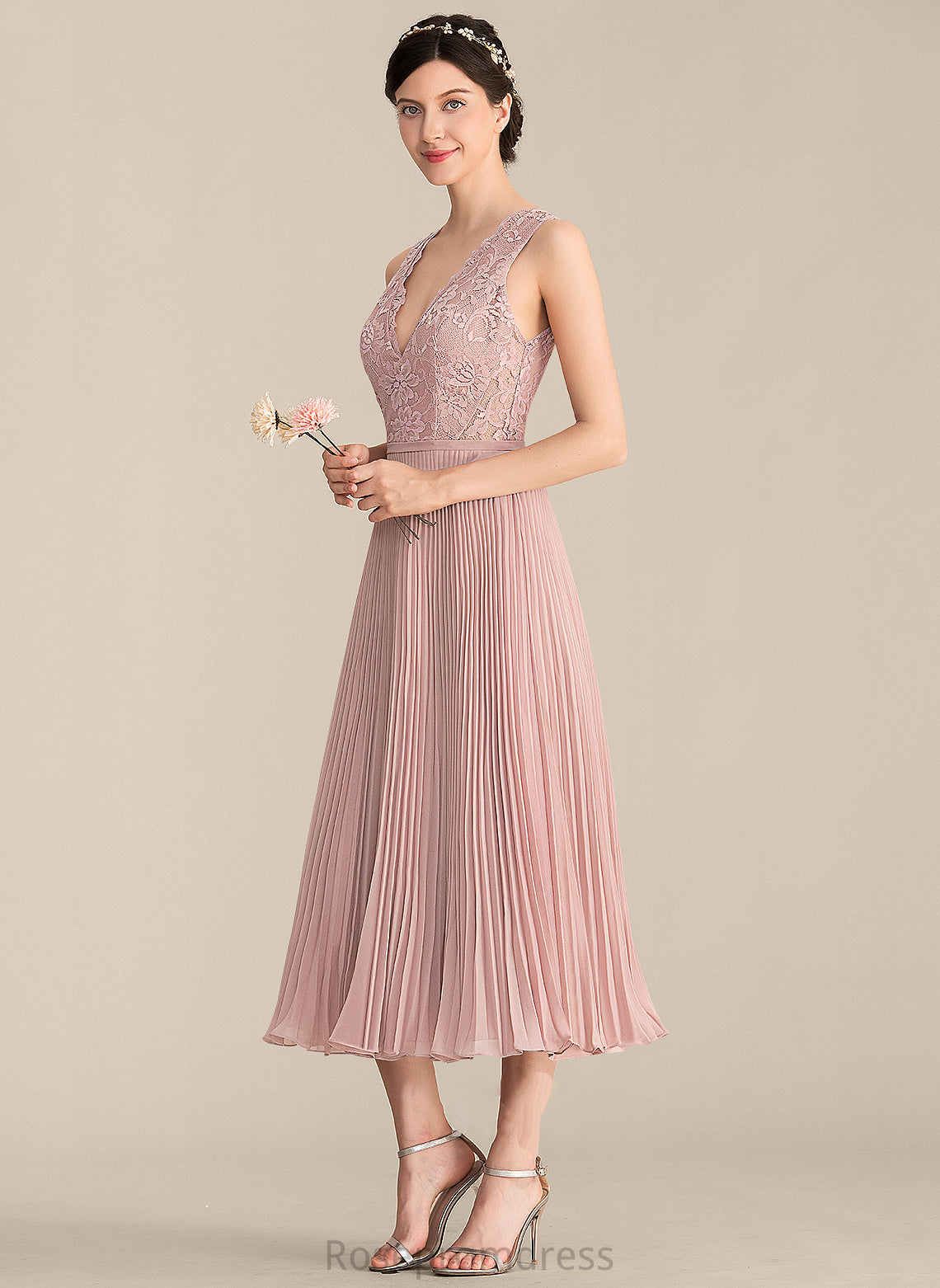 V-neck A-Line Fabric Pleated Neckline Silhouette Tea-Length Embellishment Length Destinee A-Line/Princess Sleeveless Bridesmaid Dresses