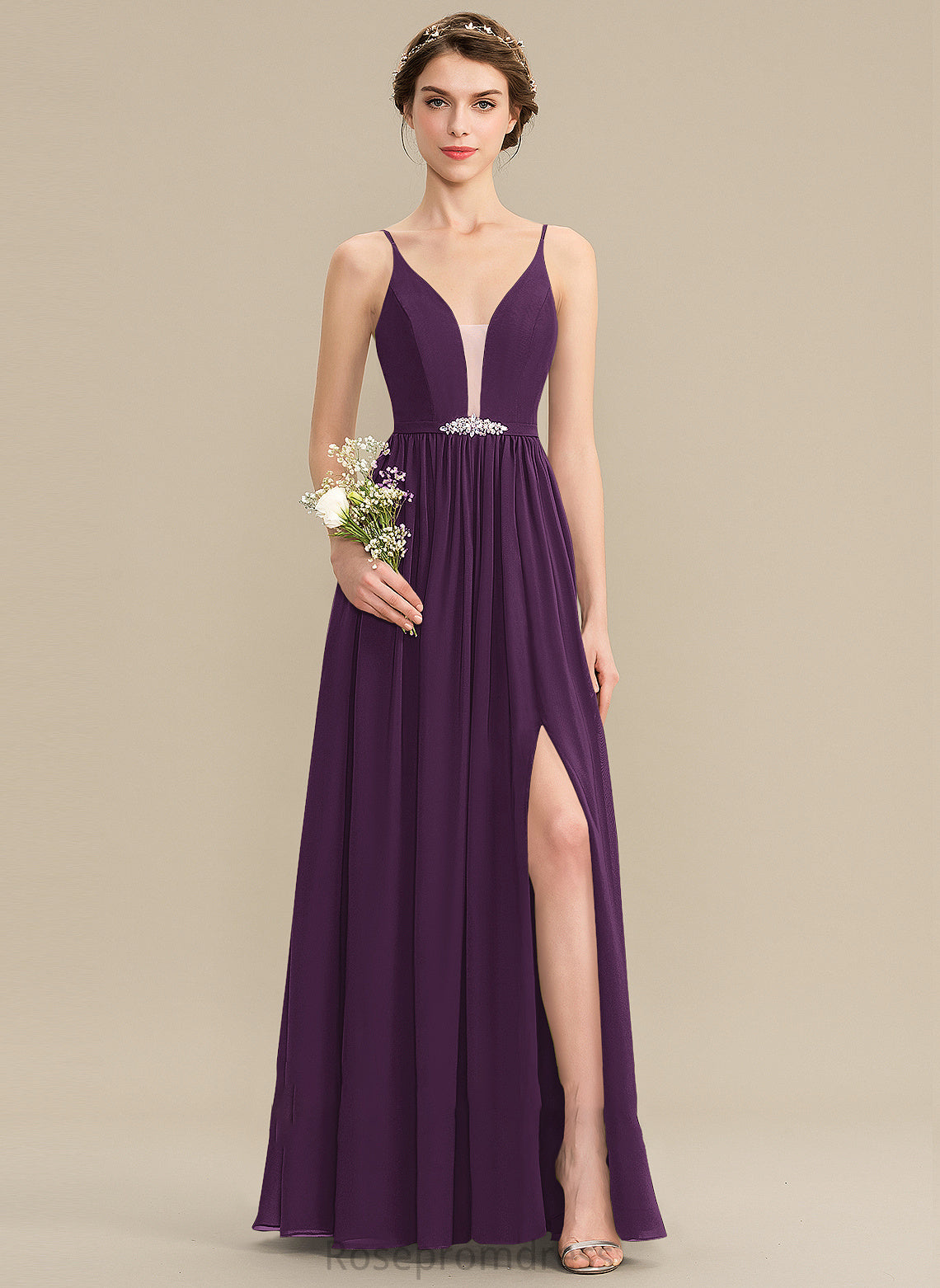 Silhouette Fabric Beading Floor-Length V-neck Length Sequins Pockets Neckline Embellishment A-Line SplitFront Bridesmaid Dresses