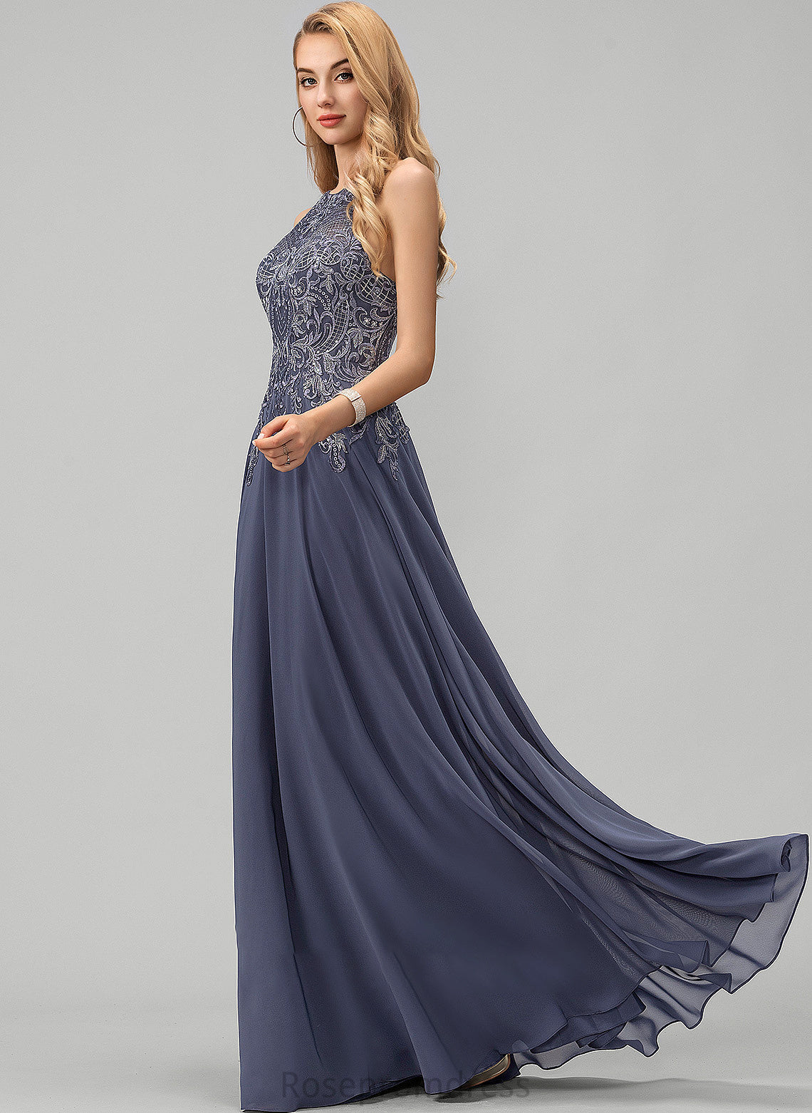 Sequins Chiffon Floor-Length Prom Dresses Scoop With Undine Lace A-Line Neck