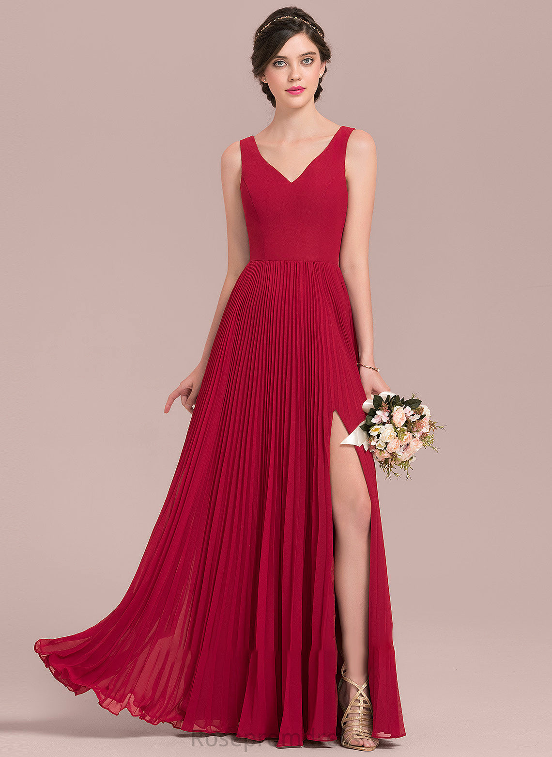 A-Line Fabric Silhouette Floor-Length Neckline Embellishment Length SplitFront V-neck Pleated Esther Spaghetti Staps Bridesmaid Dresses