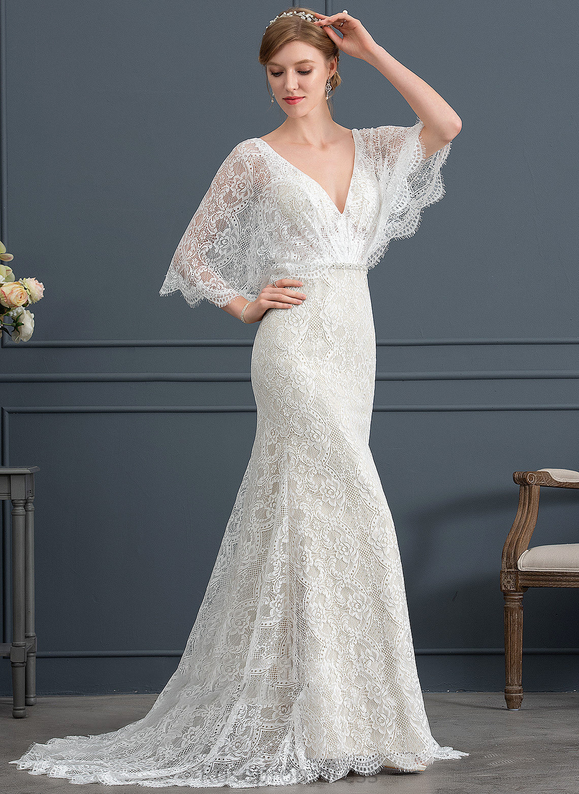 Sequins With Sweep Train Wedding Lace Wedding Dresses Dress Alexus V-neck Trumpet/Mermaid Beading