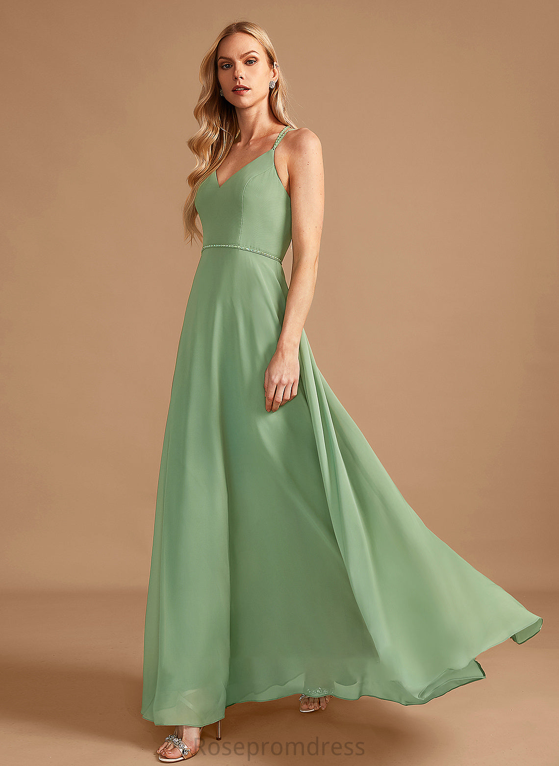 A-Line Neckline Sequins Silhouette Fabric Embellishment Floor-Length Beading Length V-neck Natalia A-Line/Princess Bridesmaid Dresses