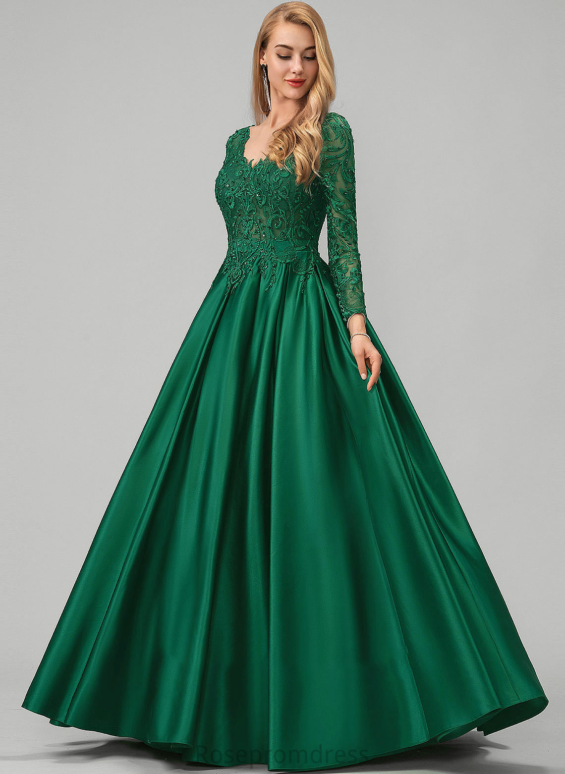 Sequins Floor-Length Lace With Michelle Pockets Beading Prom Dresses Satin V-neck Ball-Gown/Princess