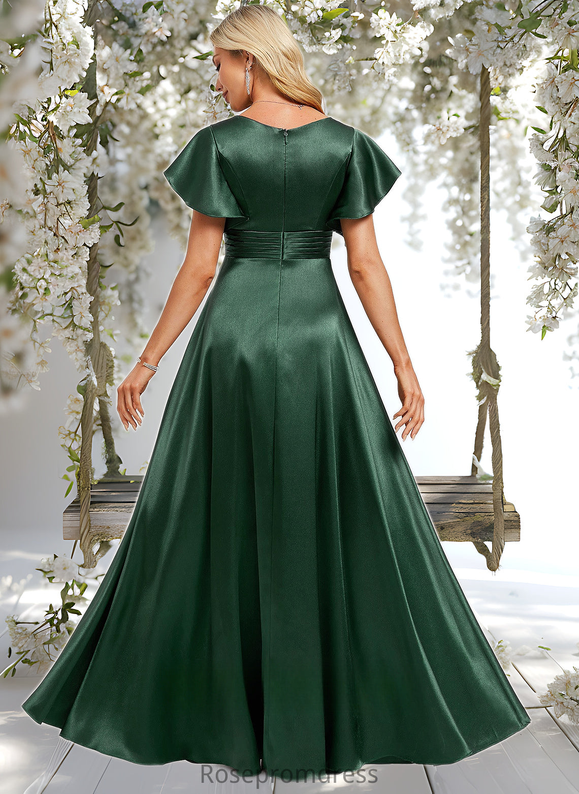 Marie A-line V-Neck Floor-Length Stretch Satin Bridesmaid Dress With Ruffle DSP0025773