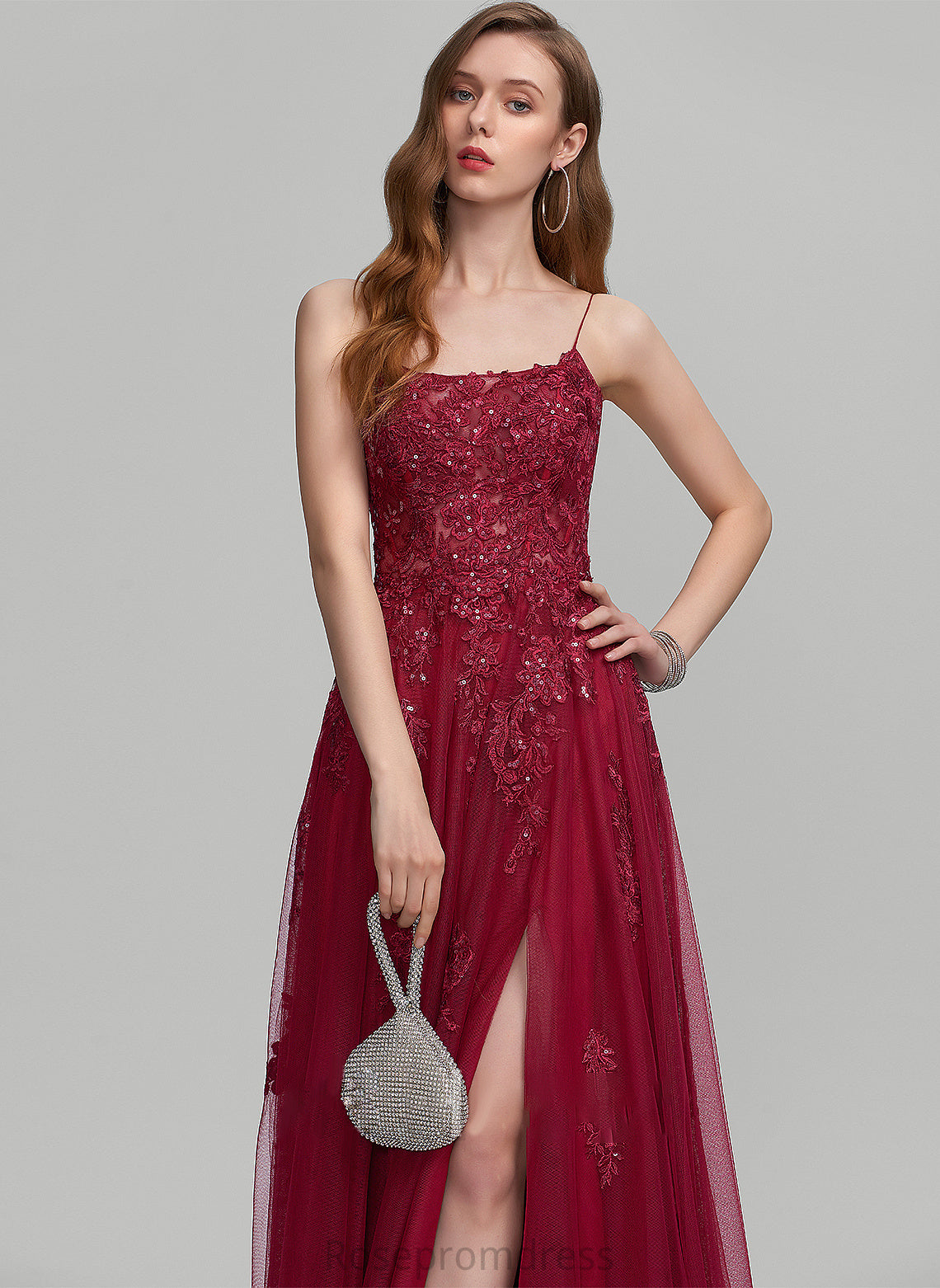 Neckline Floor-Length With Split Sequins Front A-Line Square Tulle Prom Dresses Danica