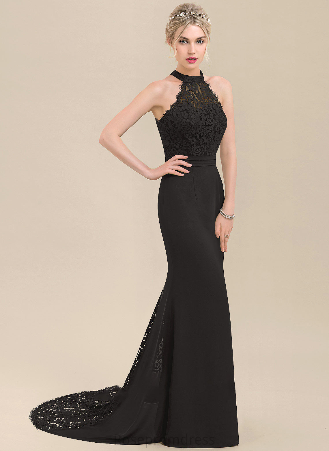 Fabric Trumpet/Mermaid Lace Straps SweepTrain Neckline Silhouette Length HighNeck Dixie Floor Length Natural Waist Bridesmaid Dresses