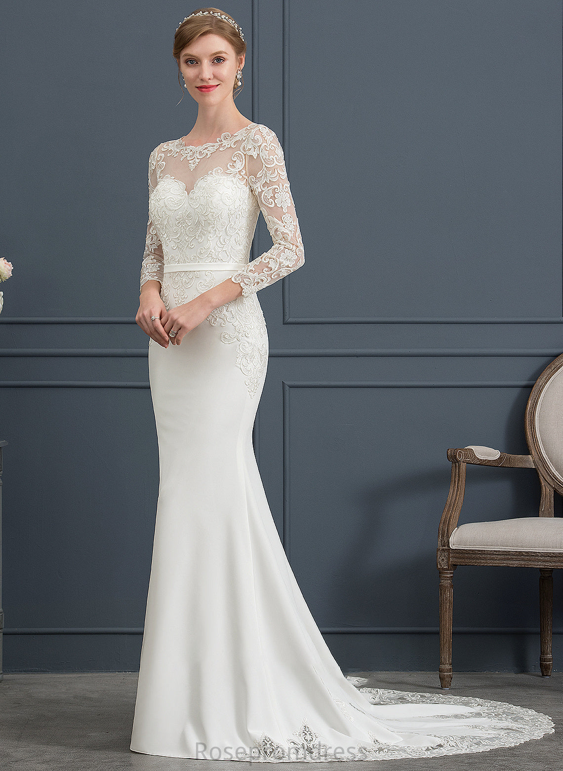 Lace Stretch Wedding Illusion Train Chapel Wedding Dresses Bailey Crepe Trumpet/Mermaid Dress With