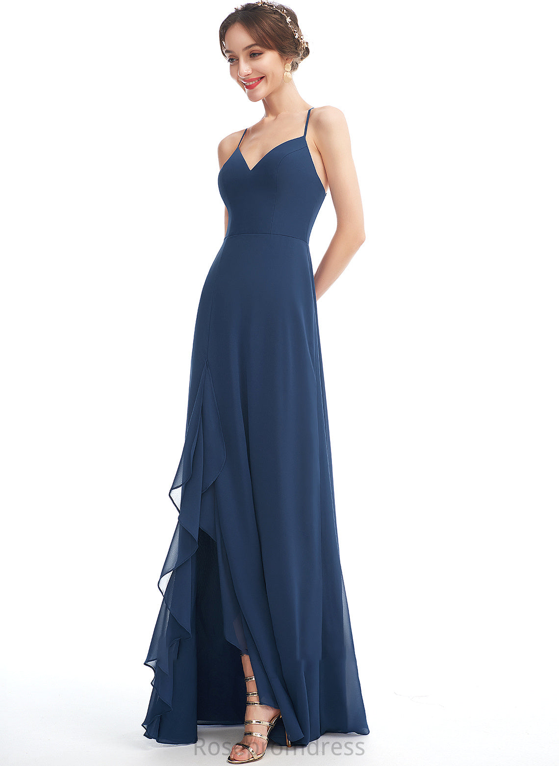 Fabric Silhouette A-Line V-neck SplitFront Length Neckline Ruffle Embellishment Floor-Length Lilianna Sleeveless Bridesmaid Dresses