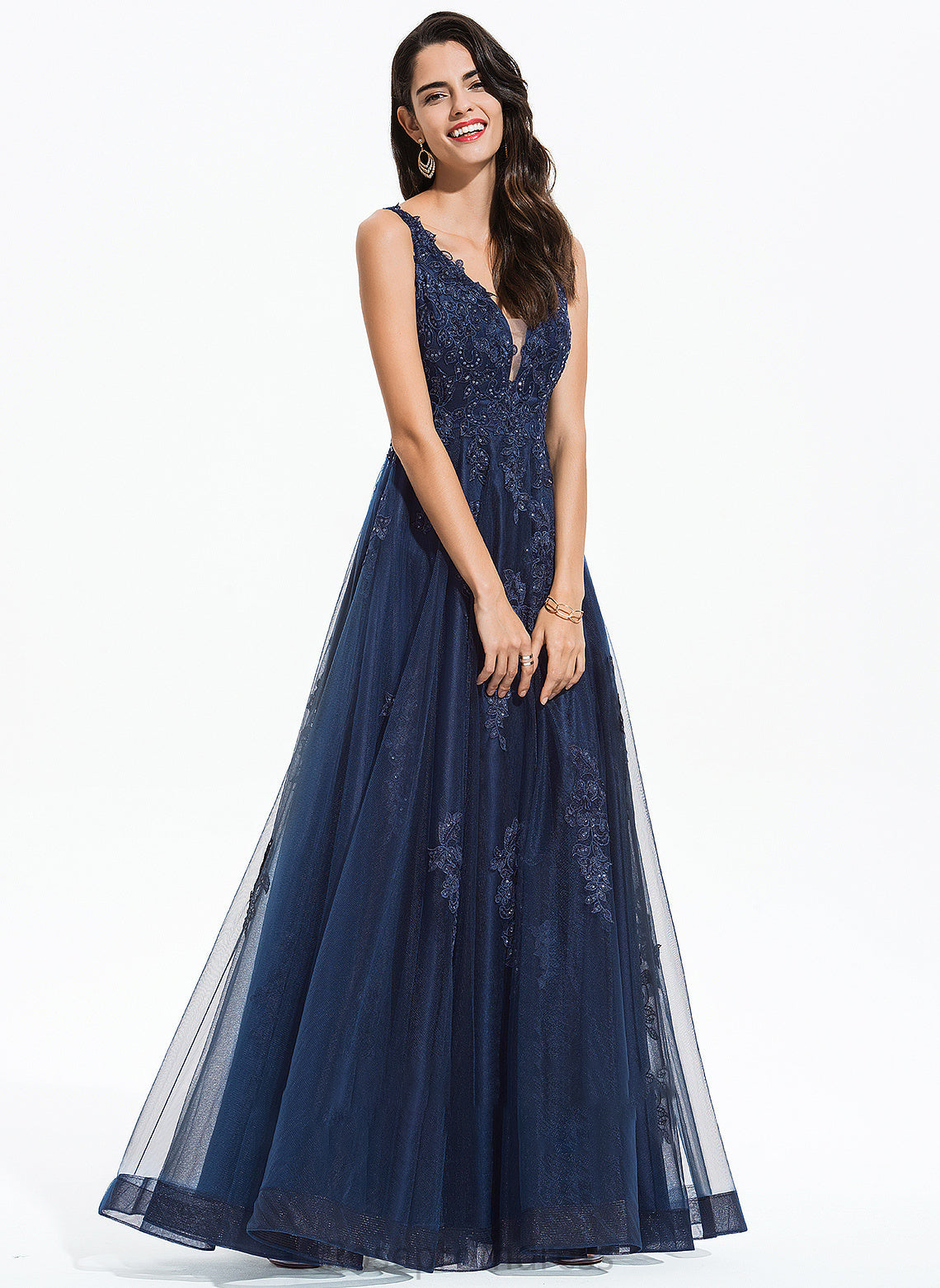 Prom Dresses Tulle Floor-Length Arianna A-Line Sequins With V-neck Lace