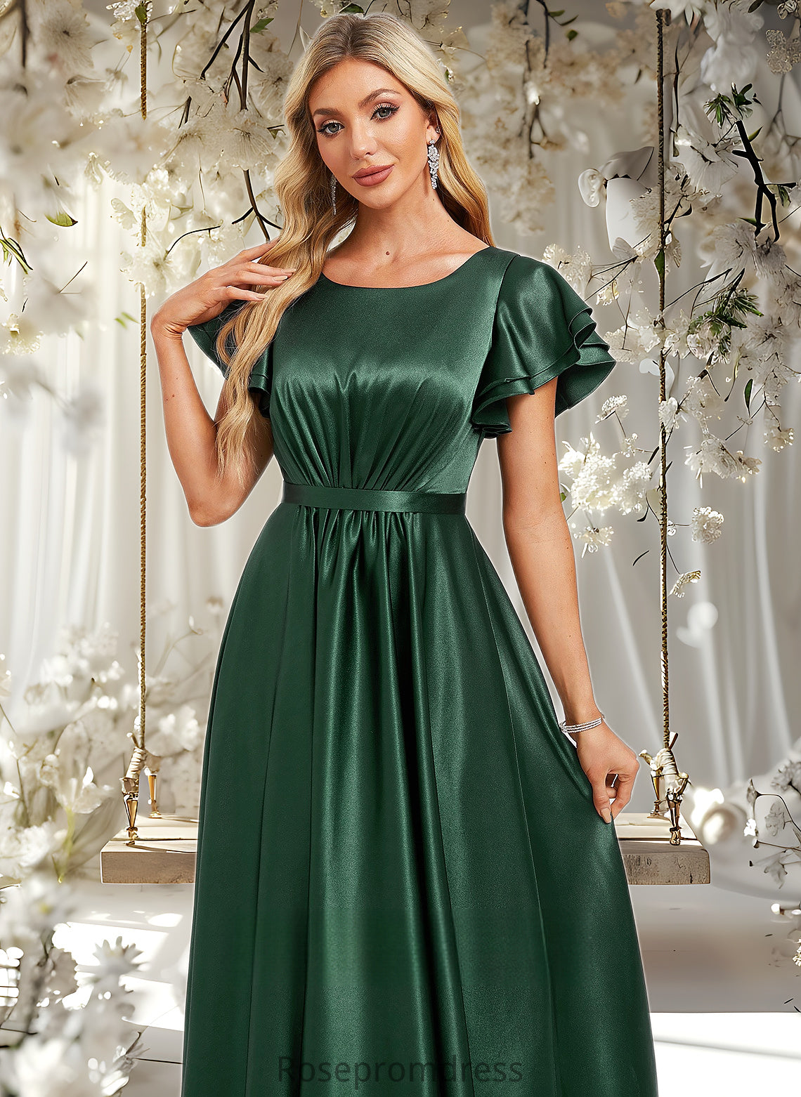 Magdalena A-line Scoop Floor-Length Stretch Satin Bridesmaid Dress With Ruffle DSP0025770