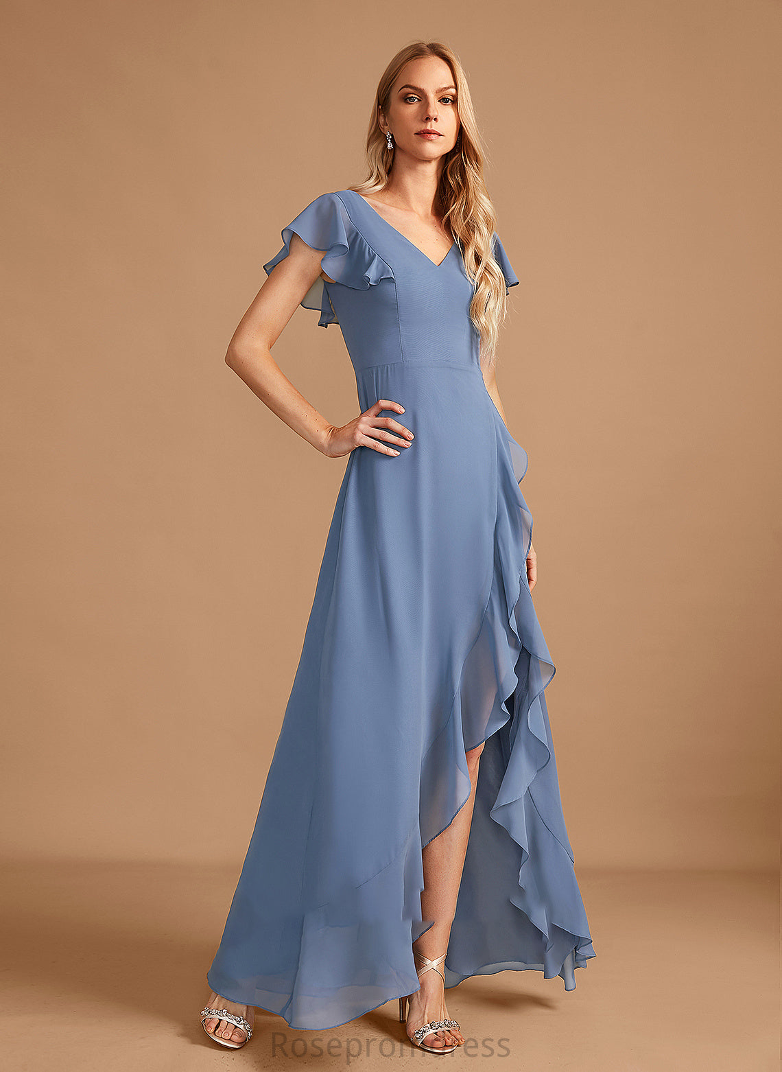 Length Ruffle Neckline Silhouette SplitFront Asymmetrical Embellishment Fabric V-neck A-Line Madalyn Sleeveless Bridesmaid Dresses