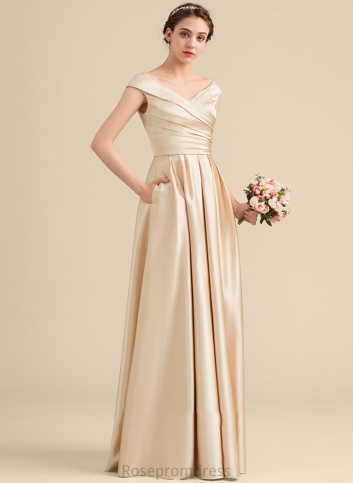 A-Line Silhouette Off-the-Shoulder Ruffle Length Pockets Embellishment Neckline Fabric Floor-Length Amari Natural Waist Bridesmaid Dresses