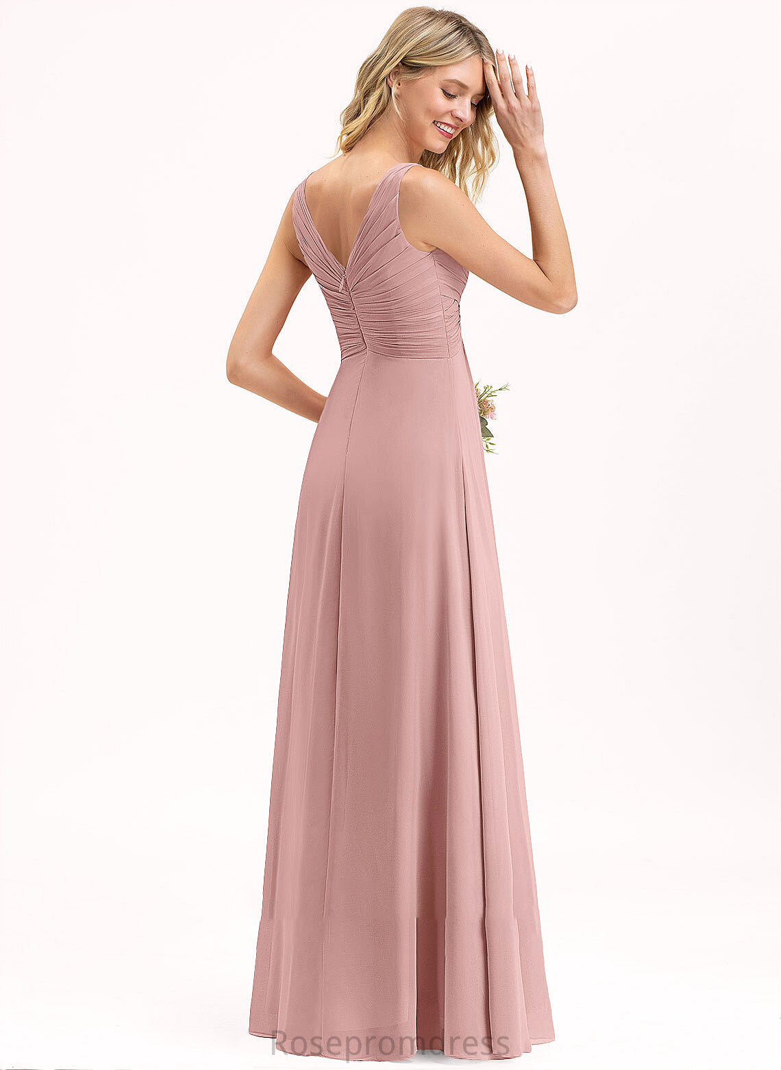 Silhouette Floor-Length Ruffle A-Line V-neck Length Neckline Embellishment Fabric Lydia Natural Waist A-Line/Princess Bridesmaid Dresses