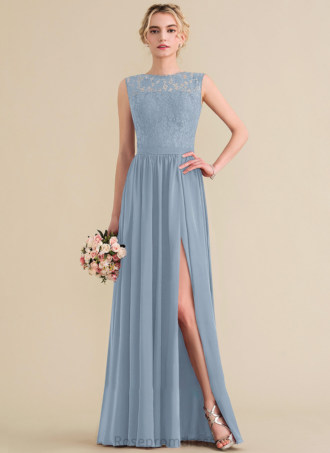 ScoopNeck Length Silhouette Embellishment SplitFront A-Line Fabric Floor-Length Neckline Madge Floor Length Scoop Bridesmaid Dresses