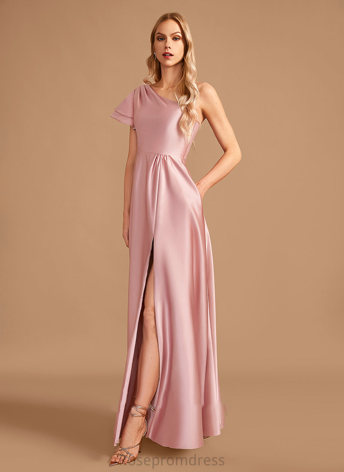 Neckline Embellishment SplitFront Length Fabric Silhouette Floor-Length A-Line One-Shoulder Kara Natural Waist Floor Length Bridesmaid Dresses