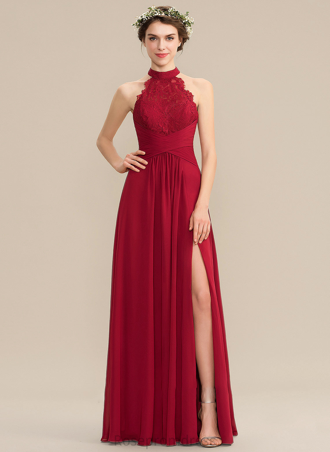 Floor-Length Ruffle A-Line SplitFront Neckline Fabric Length Silhouette Embellishment HighNeck Alejandra Floor Length Bridesmaid Dresses