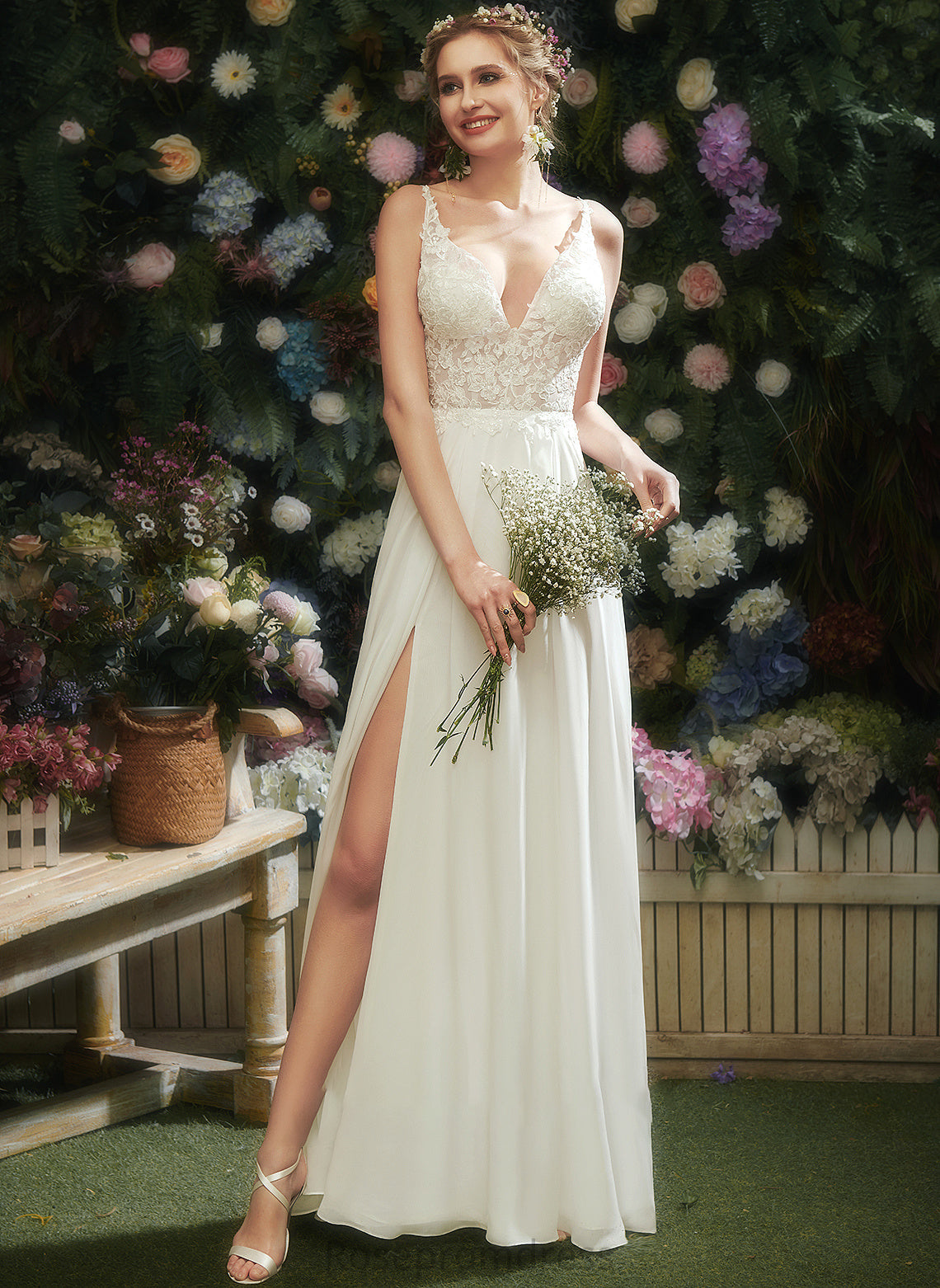 Lacey A-Line V-neck Split Dress Wedding With Front Floor-Length Wedding Dresses Lace