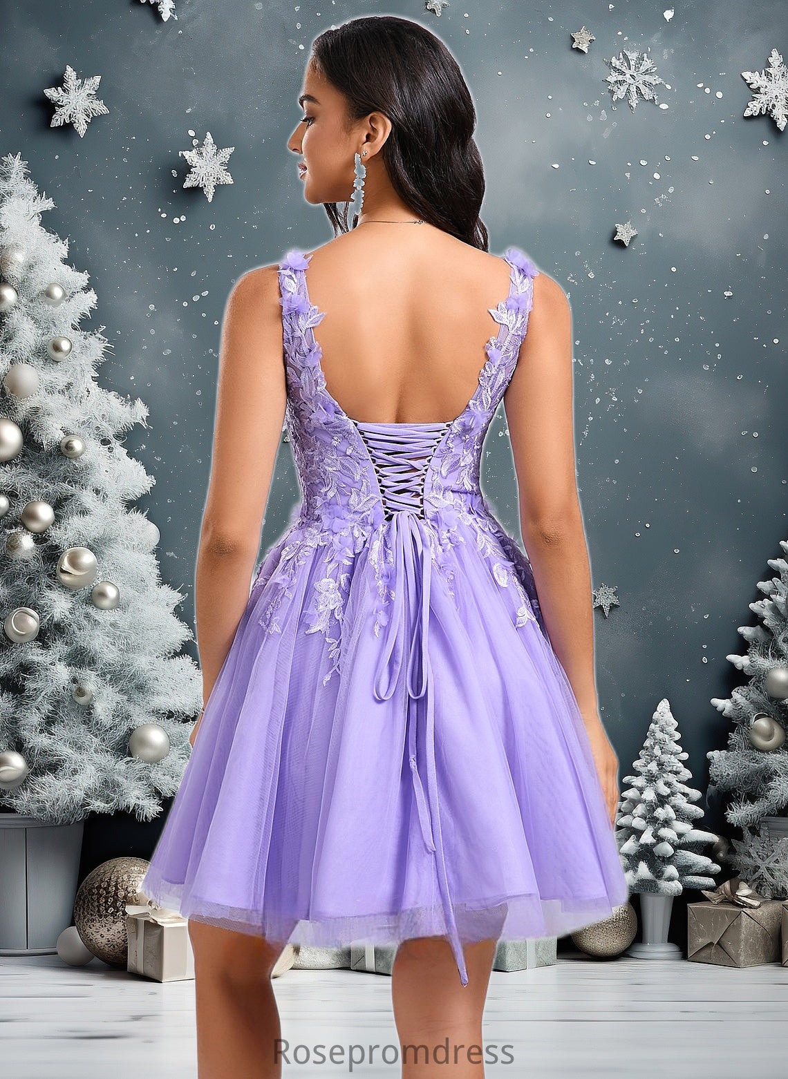 Josephine Ball-Gown/Princess V-Neck Short Lace Tulle Homecoming Dress With Flower DSP0025656