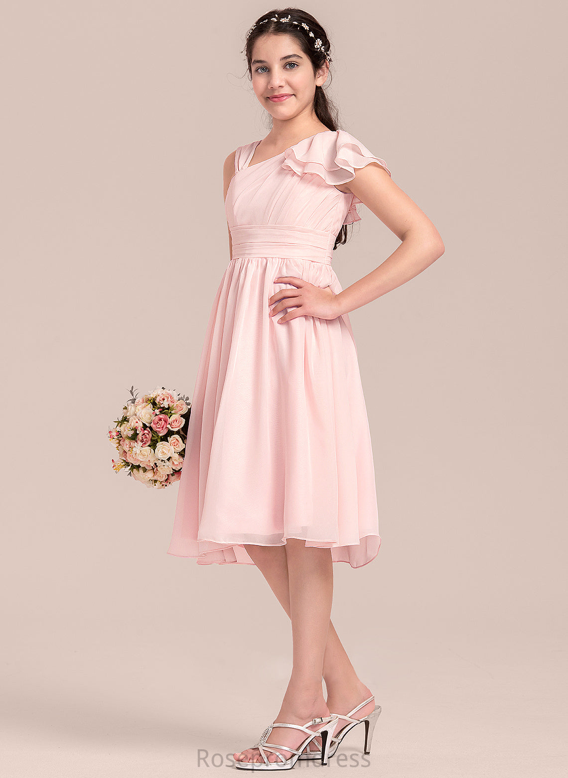 With Chiffon Knee-Length Ruffles V-neck Junior Bridesmaid Dresses A-Line Maci Cascading