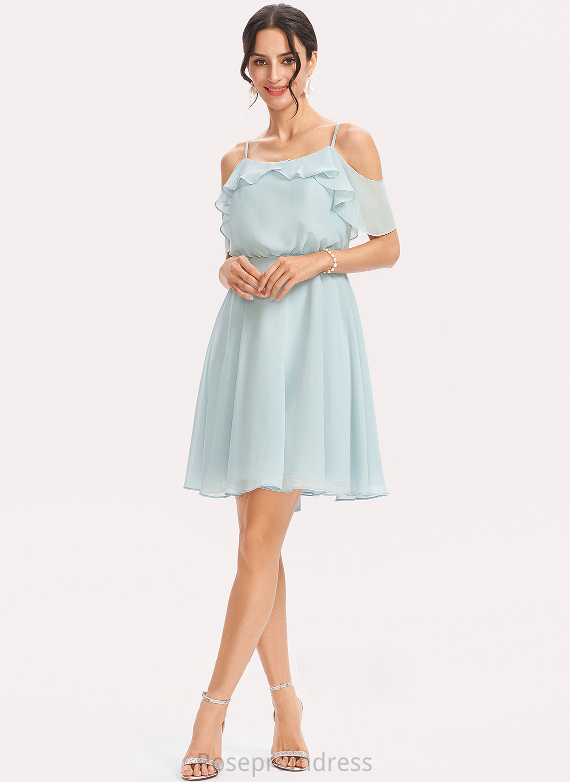 Neckline Length Fabric V-neck Silhouette Embellishment Short/Mini CascadingRuffles A-Line Cecilia A-Line/Princess Sleeveless Bridesmaid Dresses