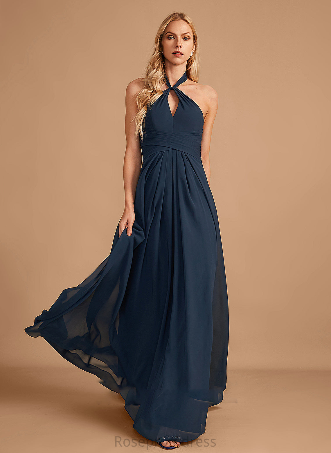 A-Line Halter Embellishment Ruffle Length Neckline Floor-Length Silhouette Fabric Alexandra Bridesmaid Dresses