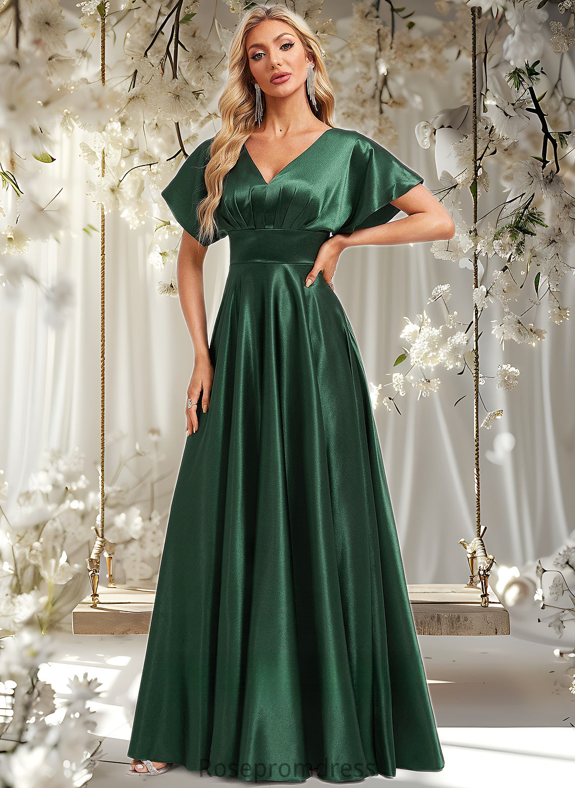 Haley A-line V-Neck Floor-Length Stretch Satin Bridesmaid Dress DSP0025782