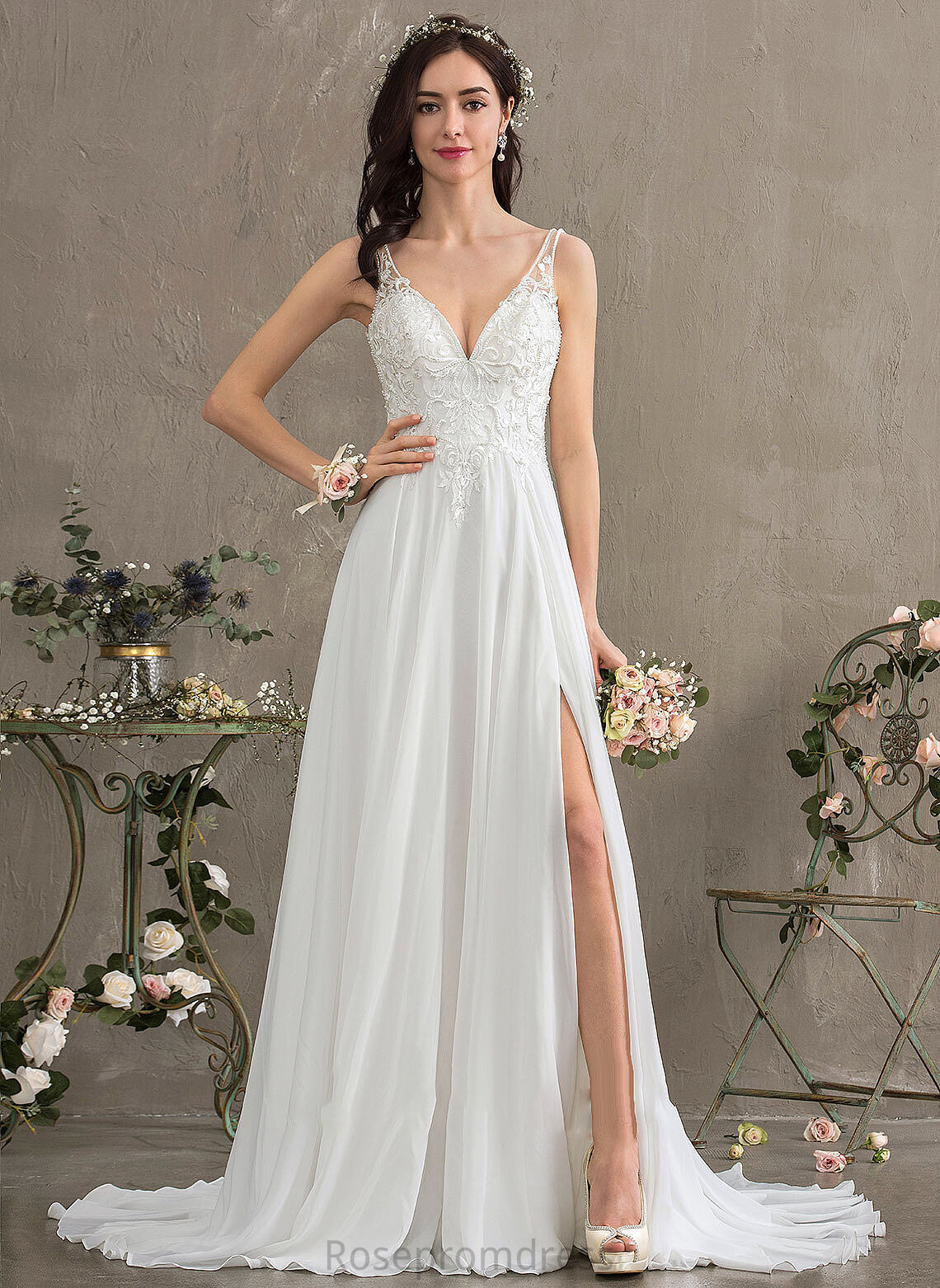 Sequins With Dress Train Sweep Split Wedding Dresses Front Beading A-Line Wedding V-neck Chiffon Cali