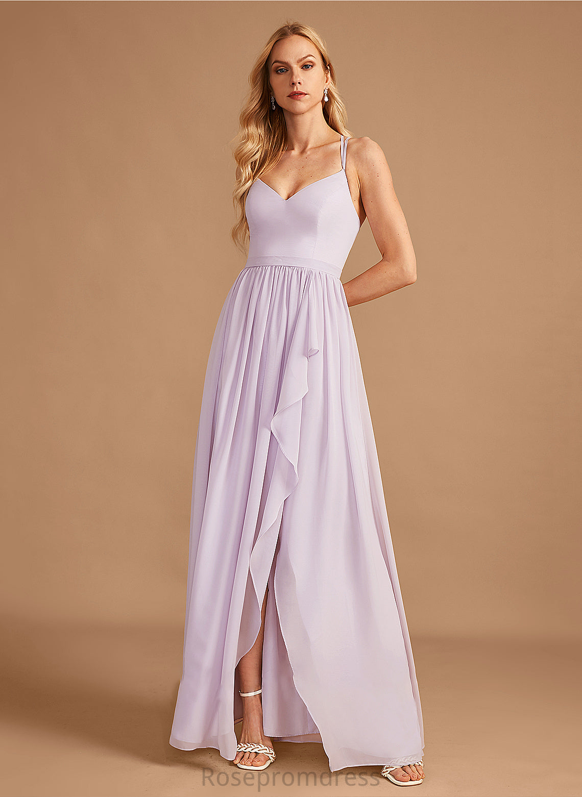 Asymmetrical Fabric SplitFront Silhouette Length Neckline Ruffle V-neck Embellishment A-Line Sofia Sleeveless Bridesmaid Dresses