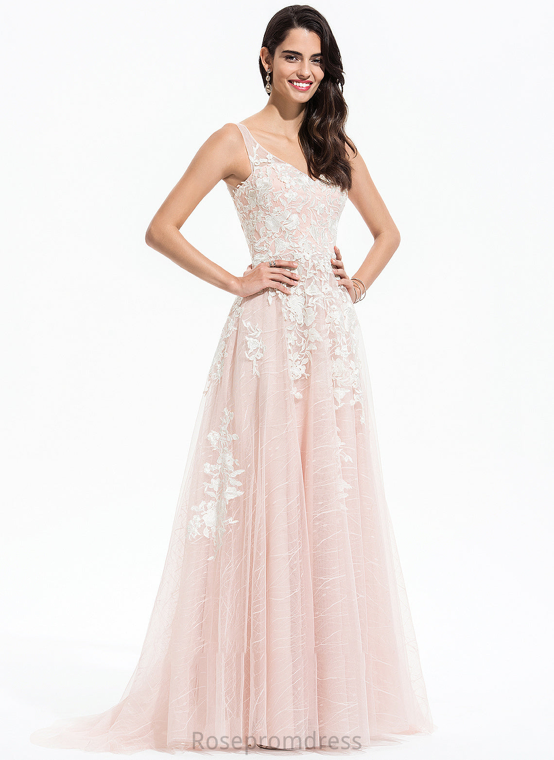 Ivy A-Line Wedding Dresses V-neck With Dress Train Sweep Wedding Tulle Lace
