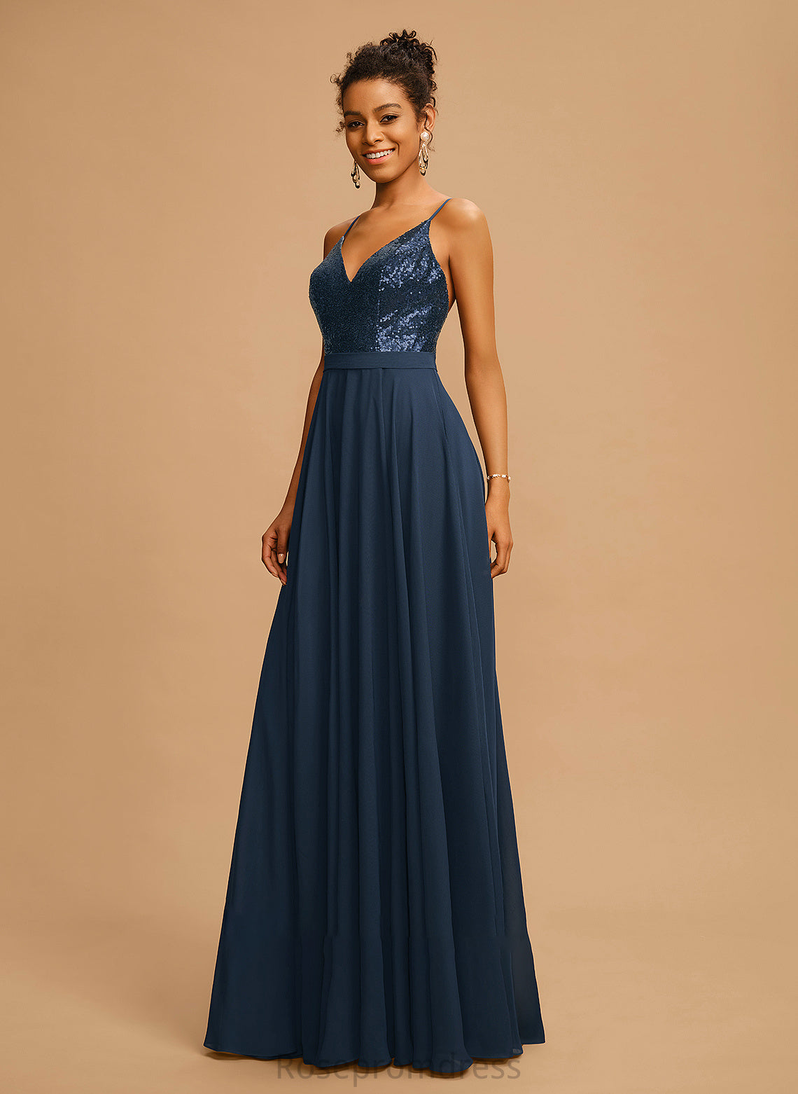 Sequins Floor-Length V-neck A-Line Prom Dresses Chiffon Charlotte With