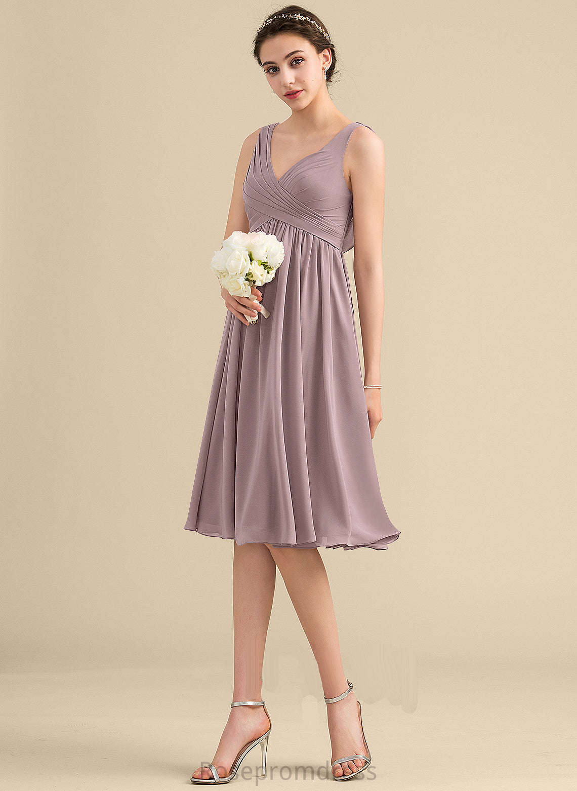 Fabric Knee-Length Embellishment Neckline Silhouette Empire V-neck CascadingRuffles Length Tania Bridesmaid Dresses