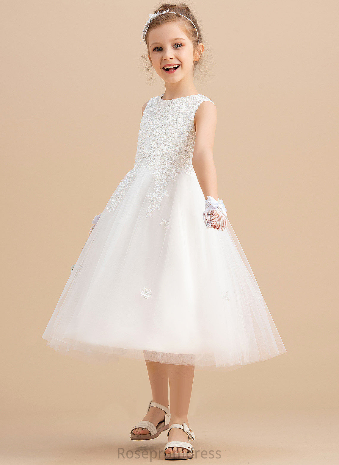 Tea-length Neck Girl Flower Mayra A-Line Satin/Tulle Scoop With Bow(s) Flower Girl Dresses Sleeveless Dress