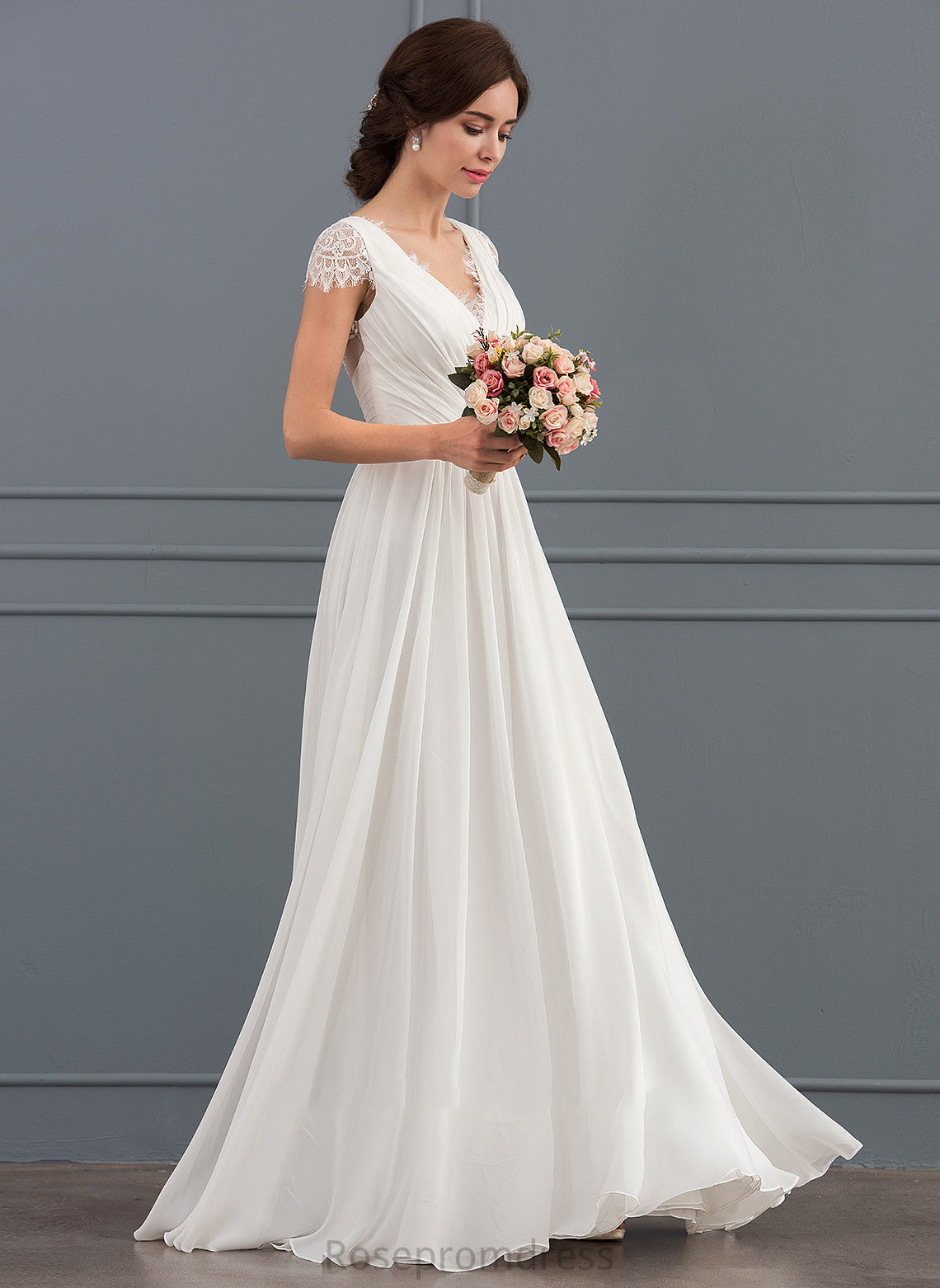 Ruffle V-neck Lace Chiffon Wedding A-Line Floor-Length With Dress Gillian Wedding Dresses