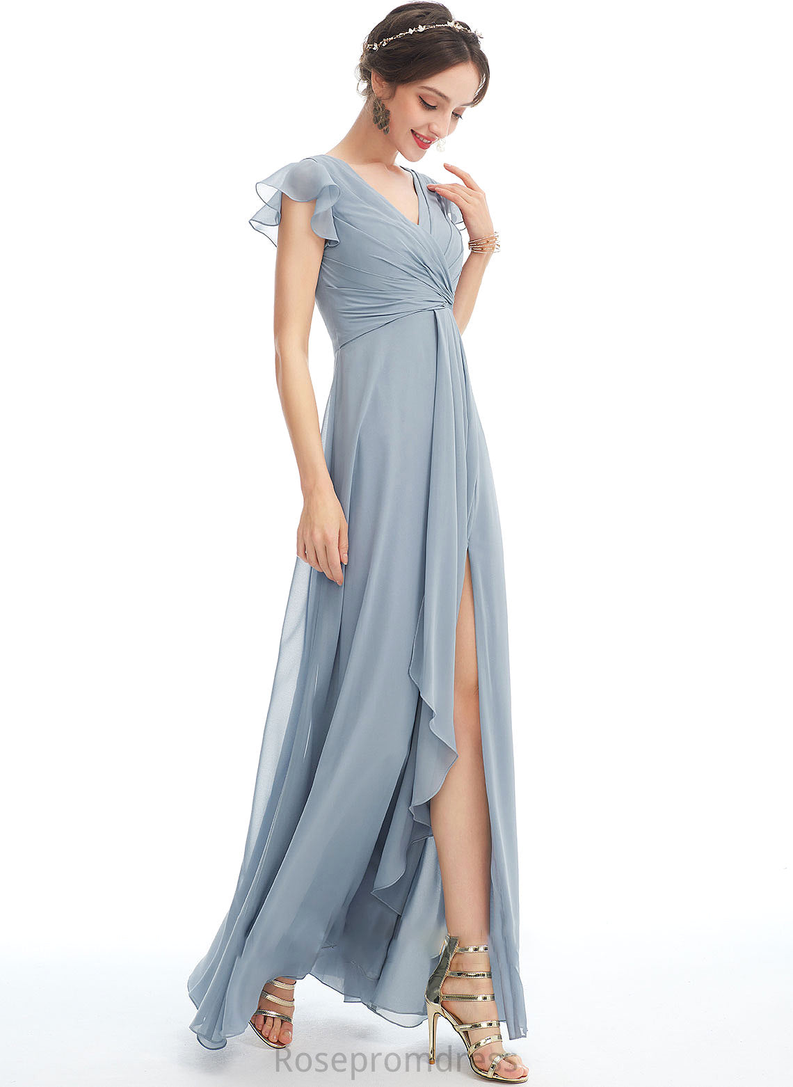 Fabric Length Embellishment Ruffle V-neck Silhouette Floor-Length A-Line Neckline SplitFront Anna Bridesmaid Dresses