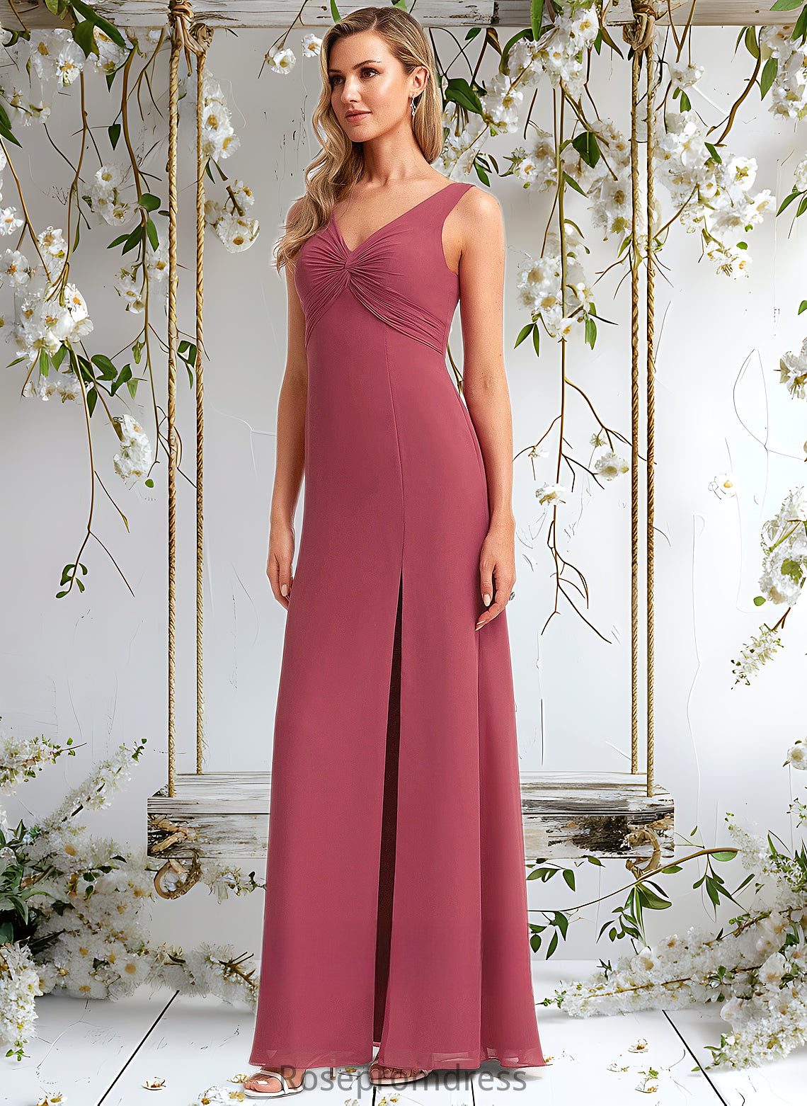 Sally A-line V-Neck Floor-Length Chiffon Bridesmaid Dress DSP0025753