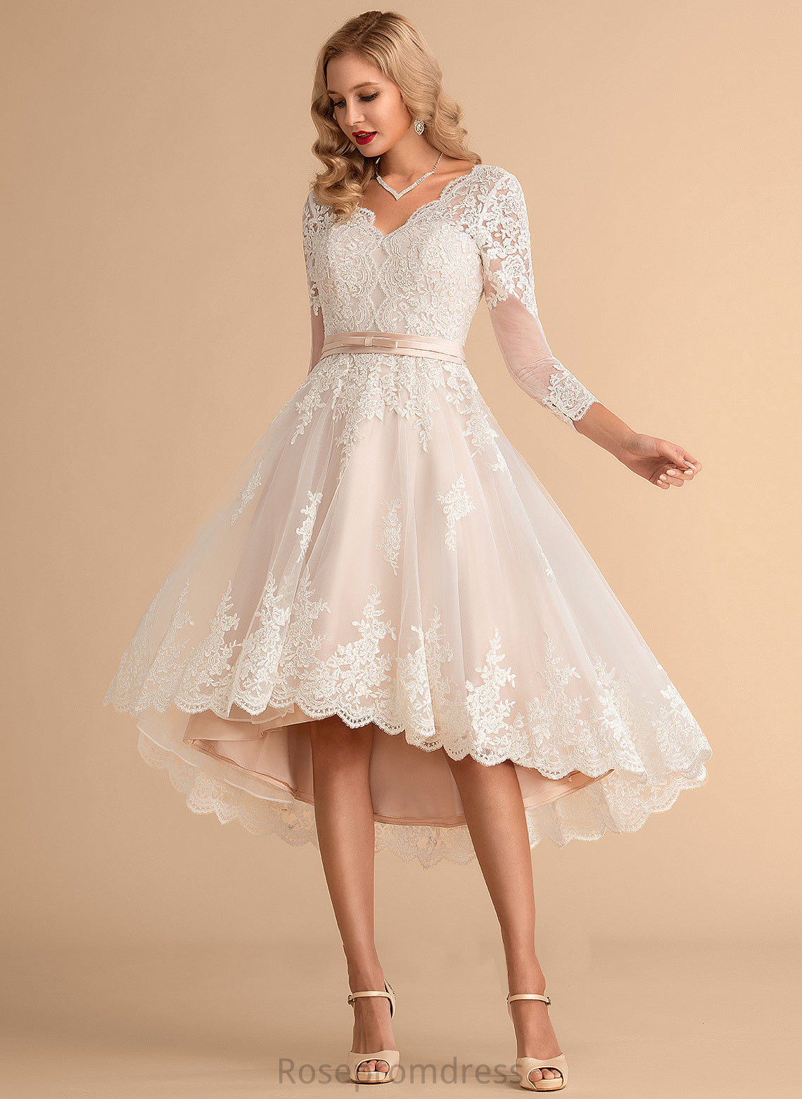 Satin Maisie Asymmetrical A-Line Wedding Dresses Lace Dress Wedding Tulle V-neck