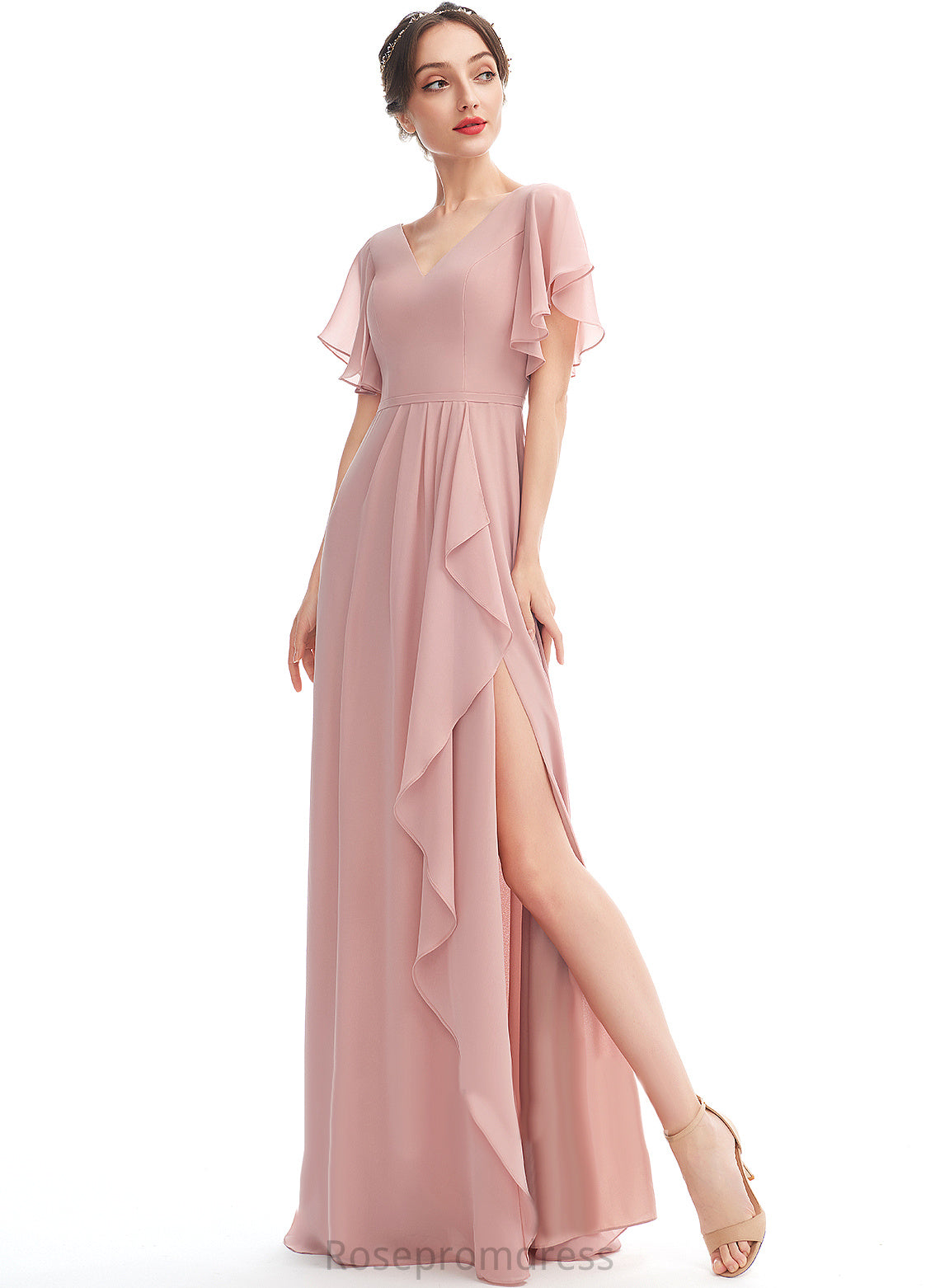 Floor-Length Ruffle Embellishment A-Line Length Silhouette Neckline SplitFront Fabric V-neck Cristal Floor Length Bridesmaid Dresses