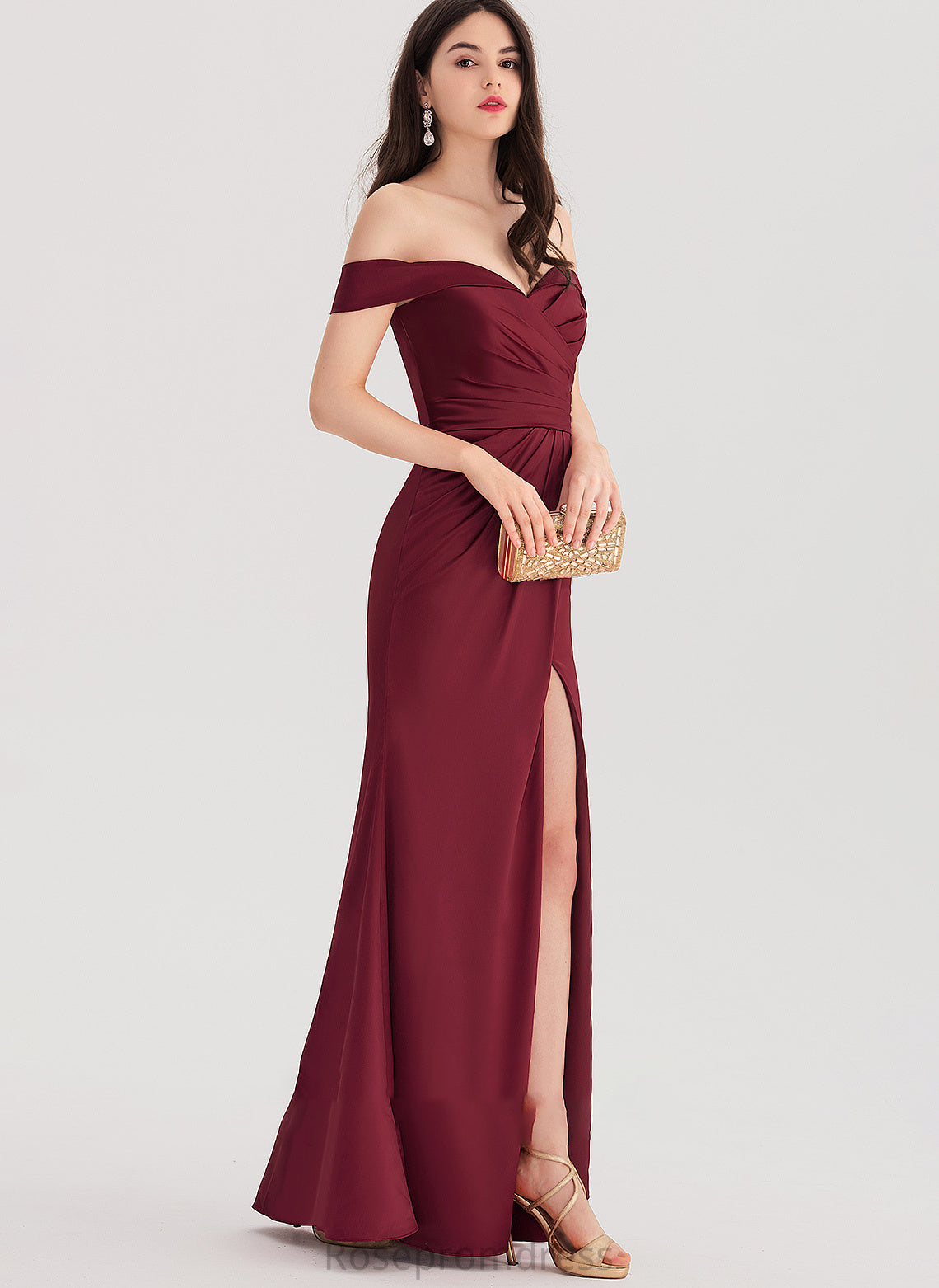 Satin Floor-Length Front Off-the-Shoulder Ruffle Erika Split Prom Dresses With Sheath/Column