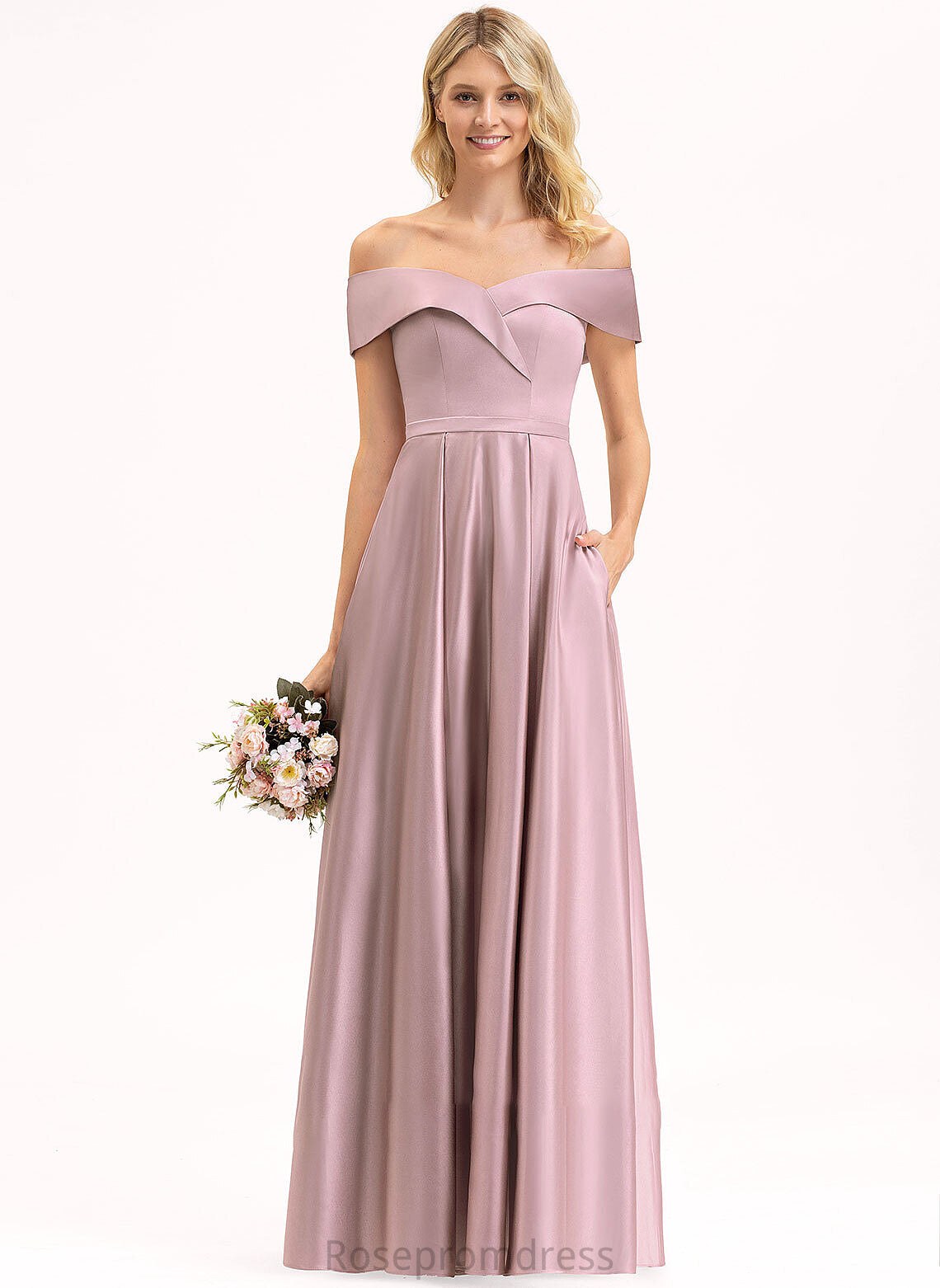 Floor-Length Off-the-Shoulder Neckline Length Embellishment A-Line Silhouette Pockets Fabric Amiyah Natural Waist V-Neck Bridesmaid Dresses