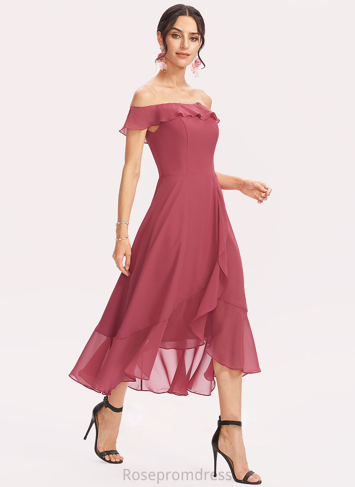 CascadingRuffles Silhouette Length Embellishment A-Line Neckline Fabric Off-the-Shoulder Tea-Length Sibyl Bridesmaid Dresses