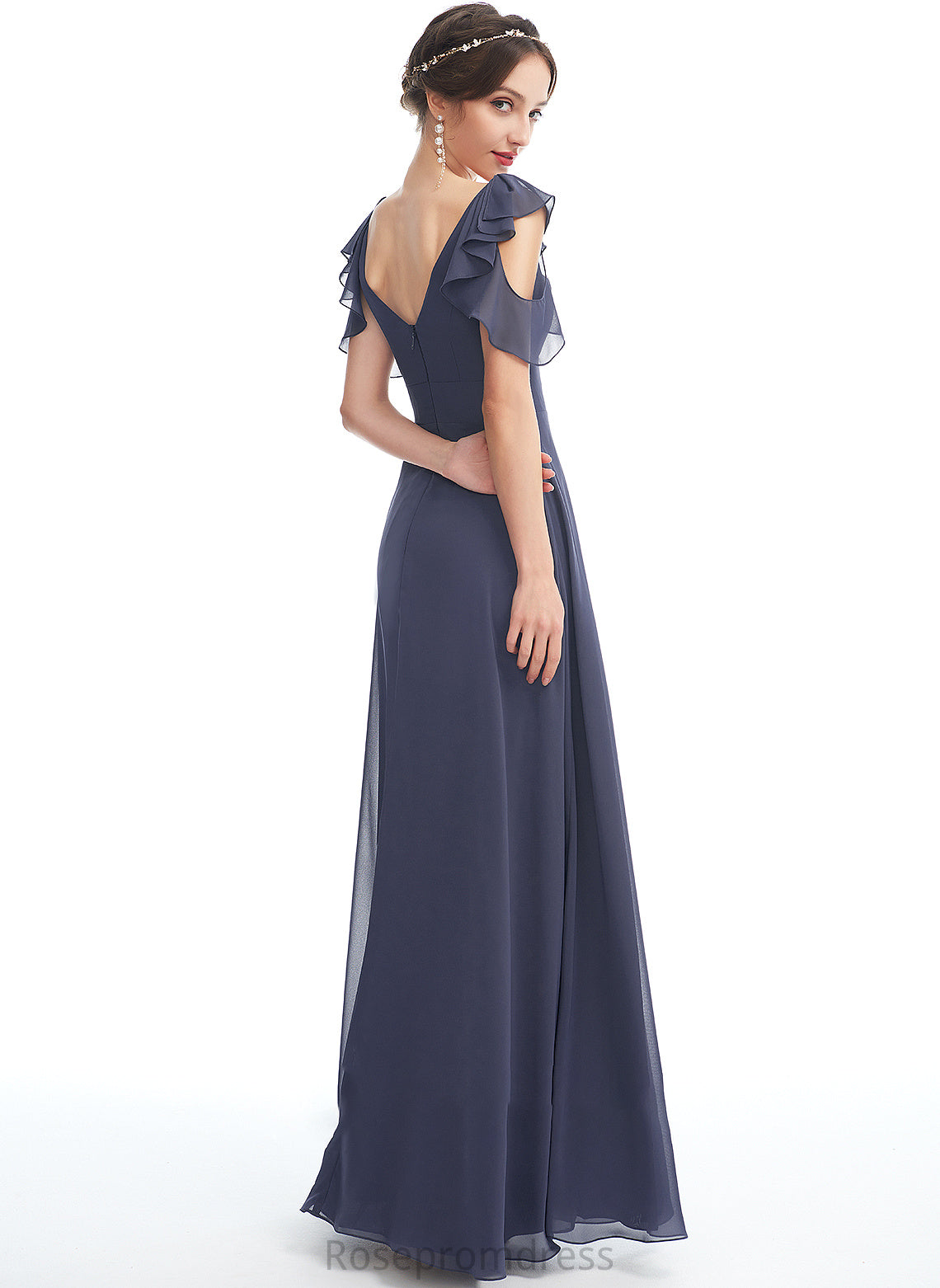 A-Line Fabric Silhouette V-neck Neckline Embellishment Ruffle Floor-Length Length Ariel Bridesmaid Dresses
