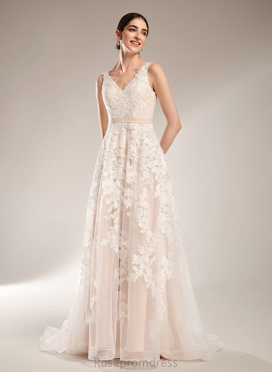 A-Line V-neck Court Dress Wedding Dresses Train Ashly Wedding