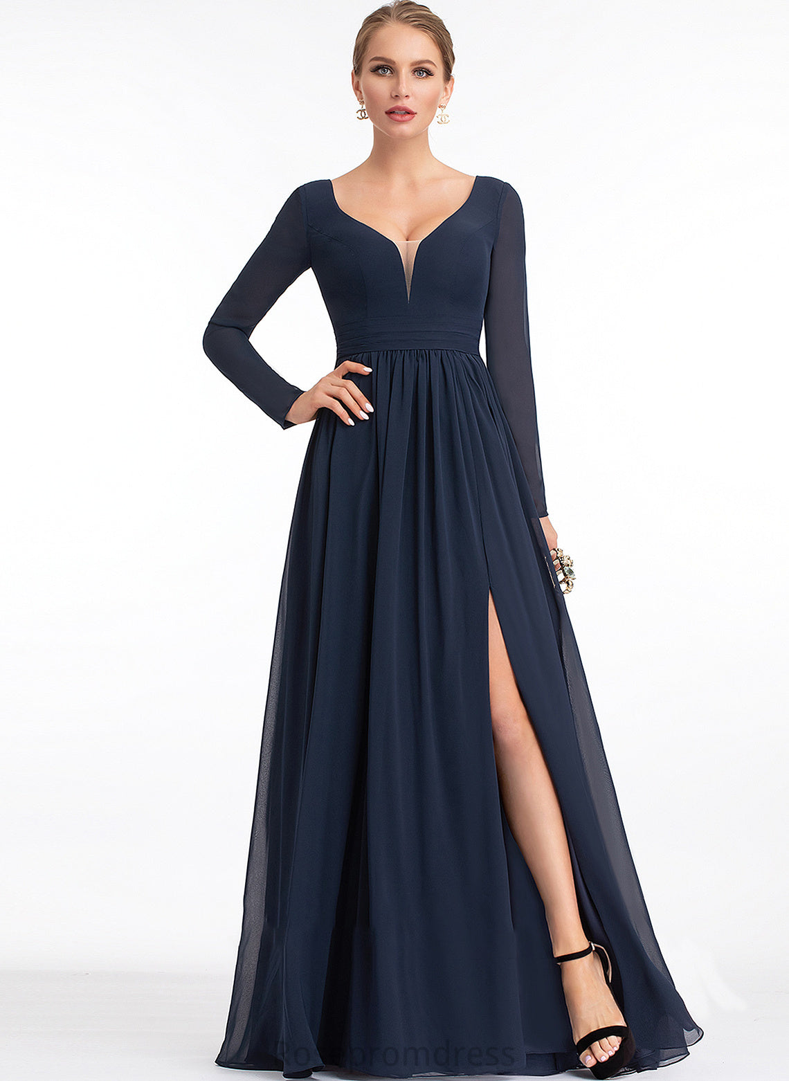 Fabric SplitFront Floor-Length Neckline Length Silhouette A-Line Embellishment V-neck Vivien Empire Waist Sleeveless Bridesmaid Dresses