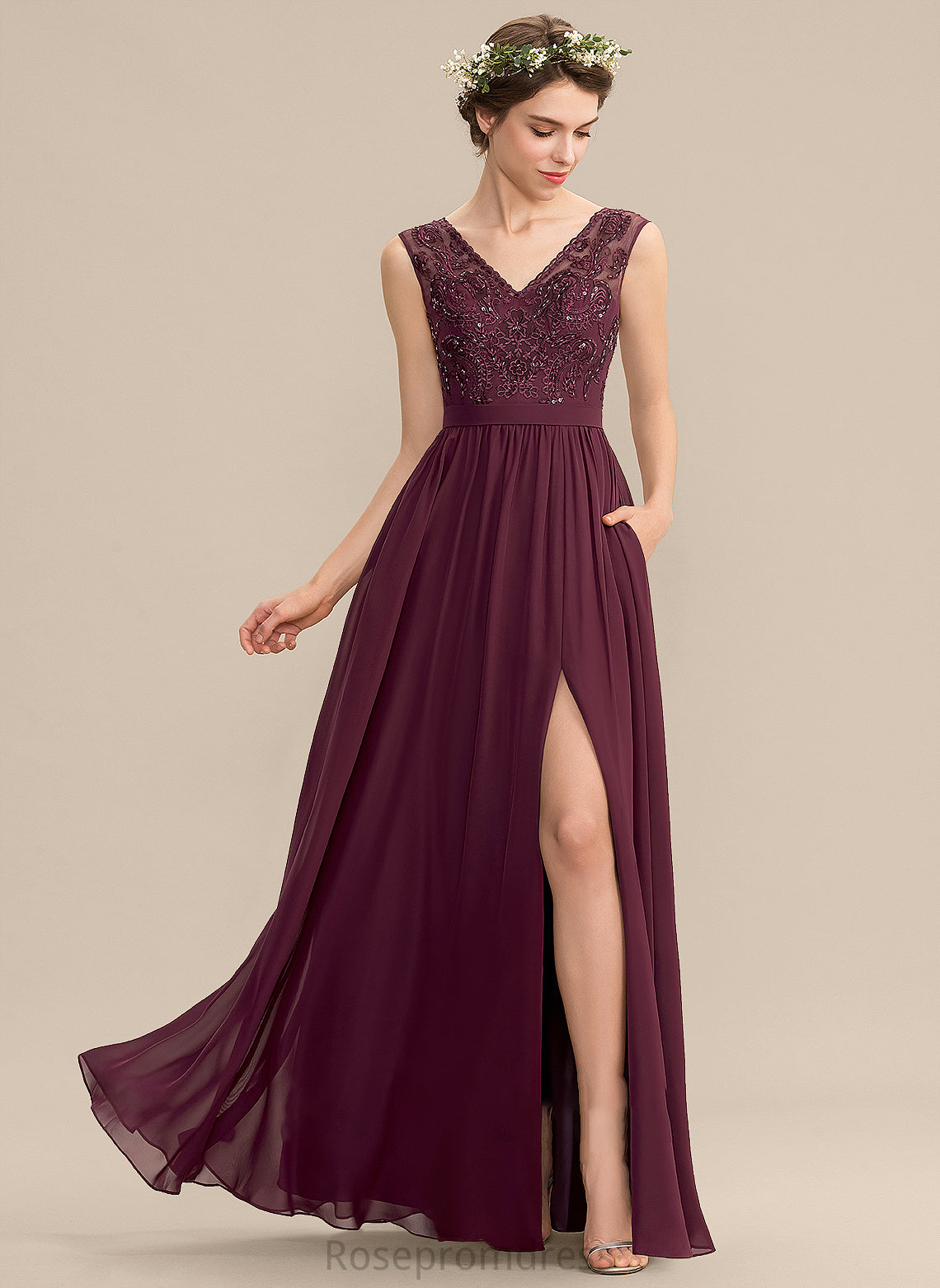 A-Line Silhouette SplitFront Embellishment Length Sequins V-neck Pockets Neckline Beading Floor-Length Fabric Bridesmaid Dresses