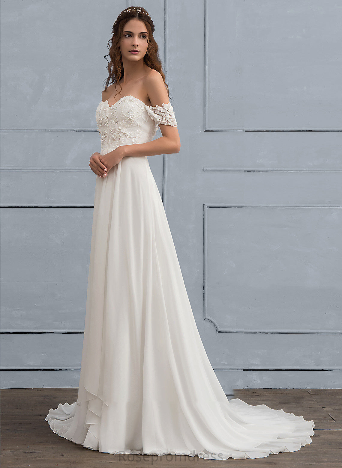 Lace Train Dress Juliette With A-Line Wedding Wedding Dresses Sweep Chiffon Flower(s) Beading