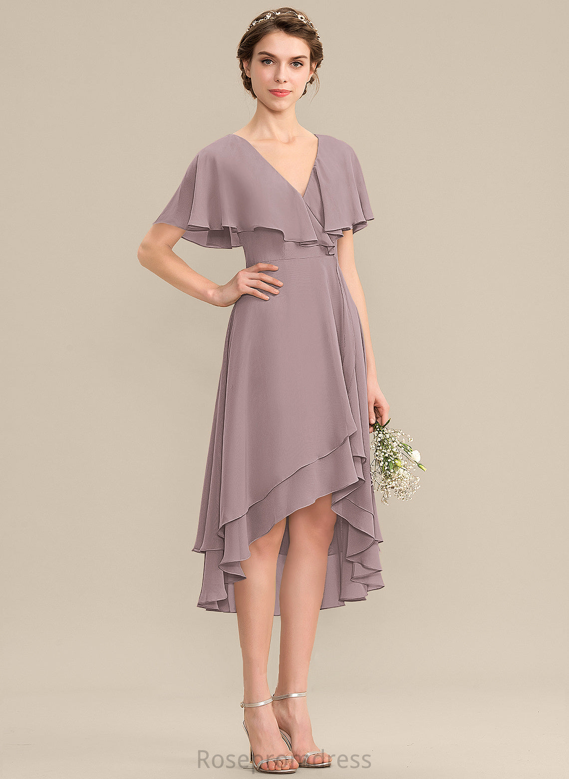 CascadingRuffles A-Line Asymmetrical Neckline Silhouette Fabric V-neck Length Embellishment Tiara Bridesmaid Dresses