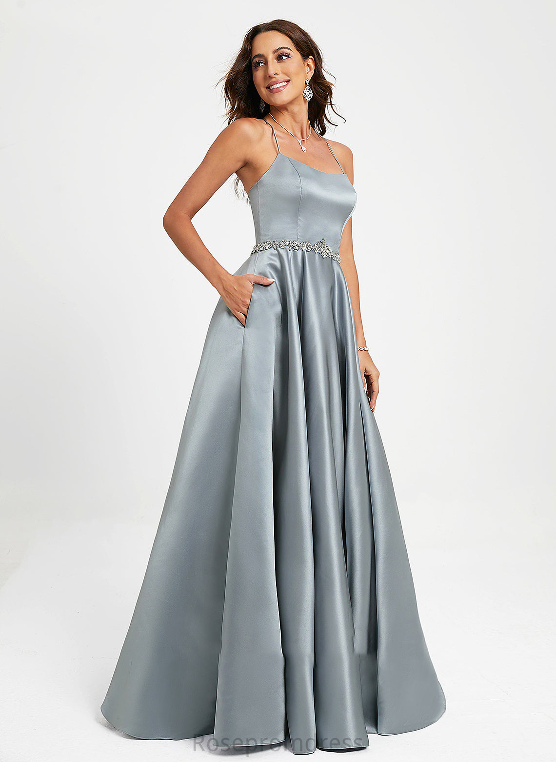 Prom Dresses Floor-Length Satin Neck Anabelle A-Line Scoop Beading With