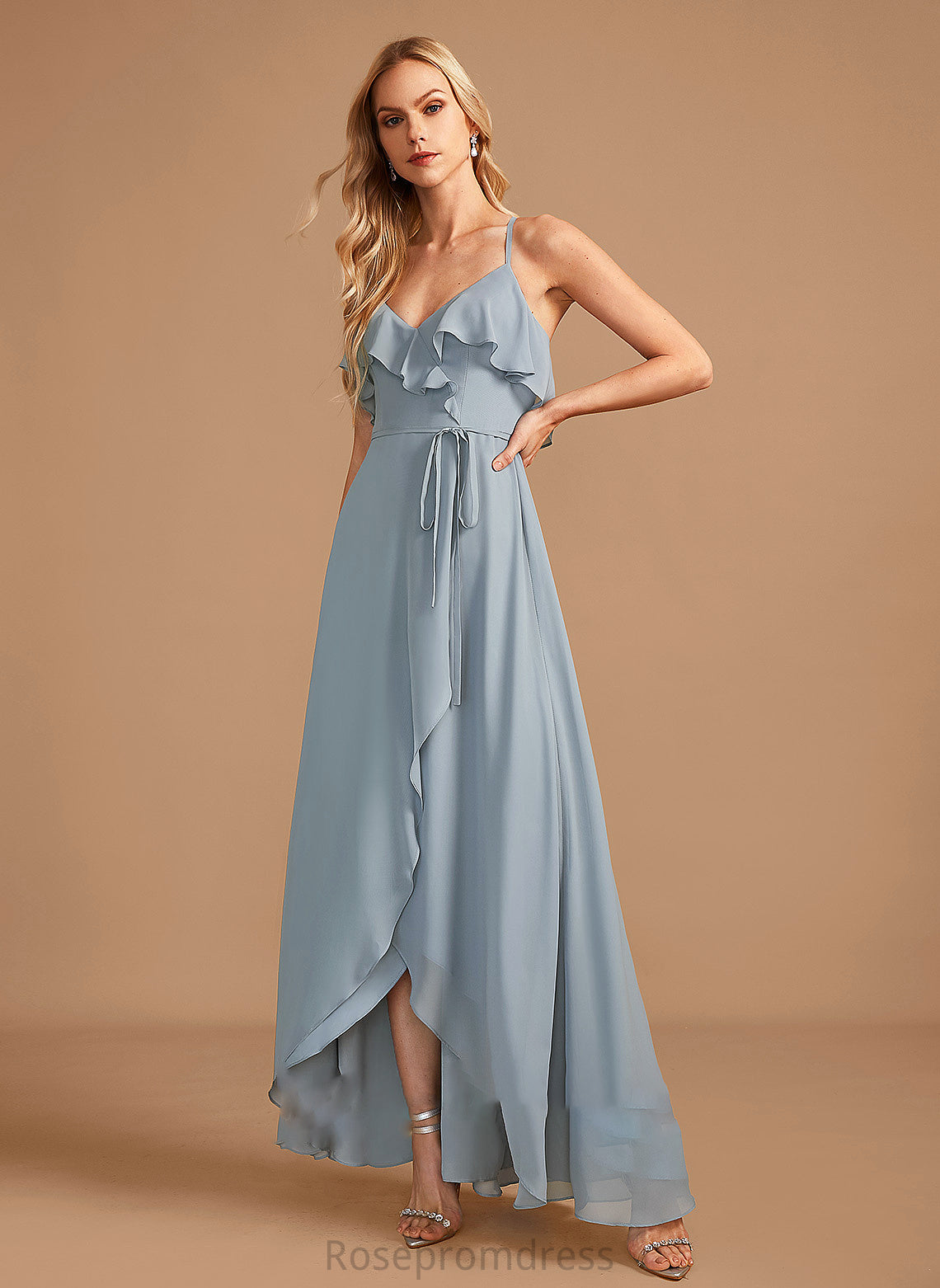 Fabric Embellishment Silhouette Asymmetrical A-Line V-neck Ruffle Length Neckline Aleena Scoop Sleeveless Bridesmaid Dresses