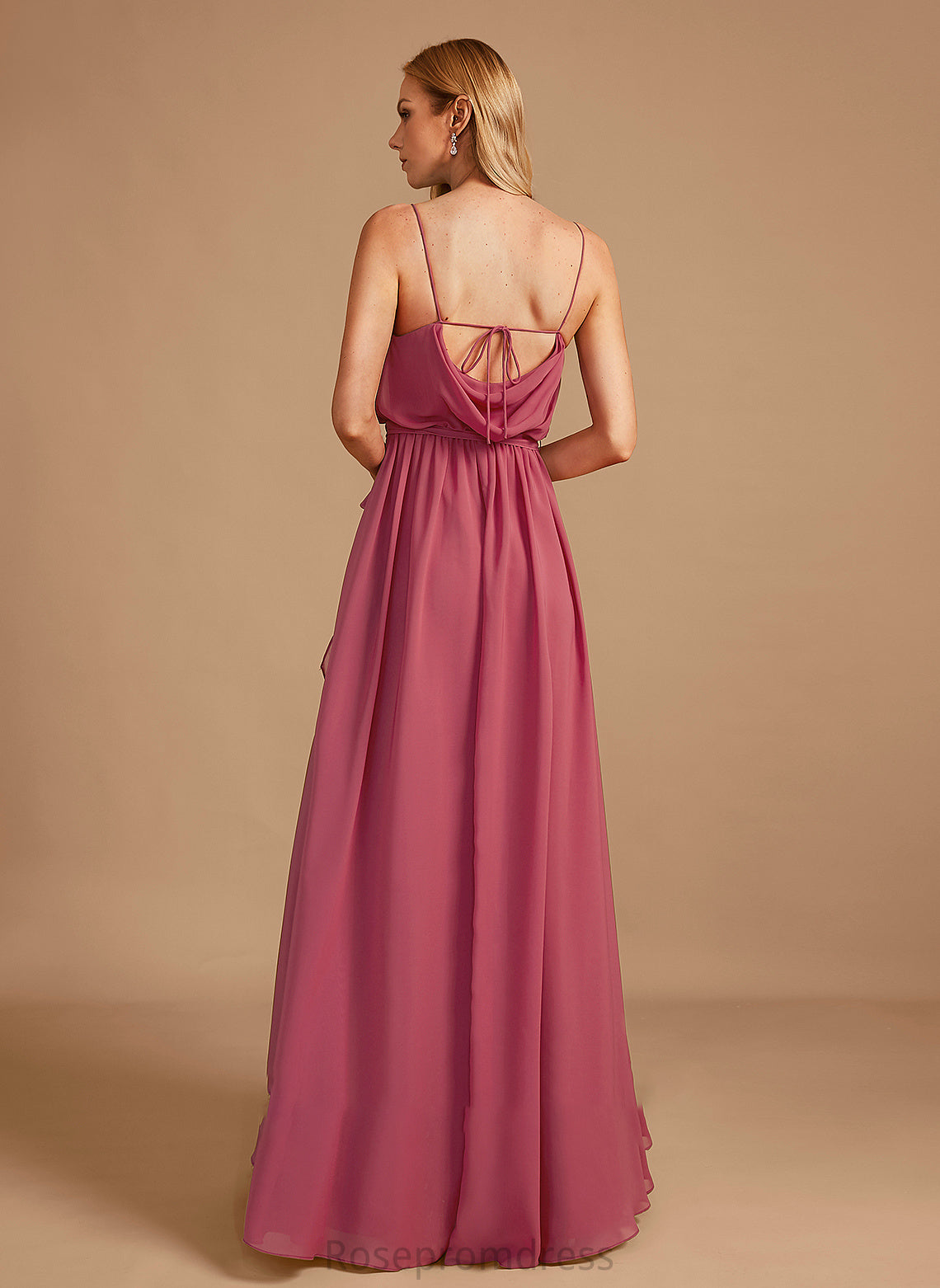 Length Embellishment Silhouette SplitFront CowlNeck Neckline Fabric A-Line Floor-Length Ruffle Toni Bridesmaid Dresses